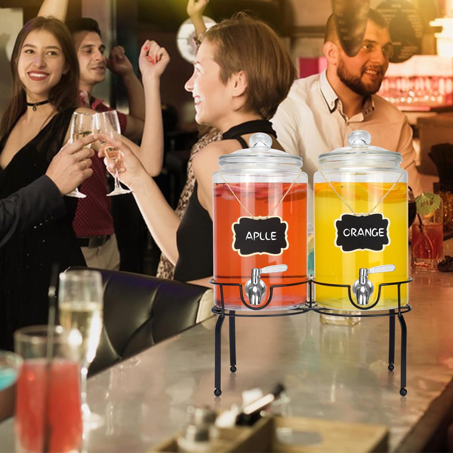 1 Gallon Beverage Dispenser 2 Pack, Stainless Steel Spigot Drink Dispenser for Parties with Stand, Clear Glass Drink Container Easy to Refill and Clean