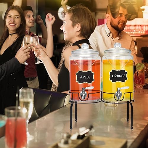 Miniatura 6 de Dispensador de bebidas de 1 galón, paquete de 2, dispensador de bebidas de espita de acero inoxidable para fiestas con soporte, recipiente de vidrio