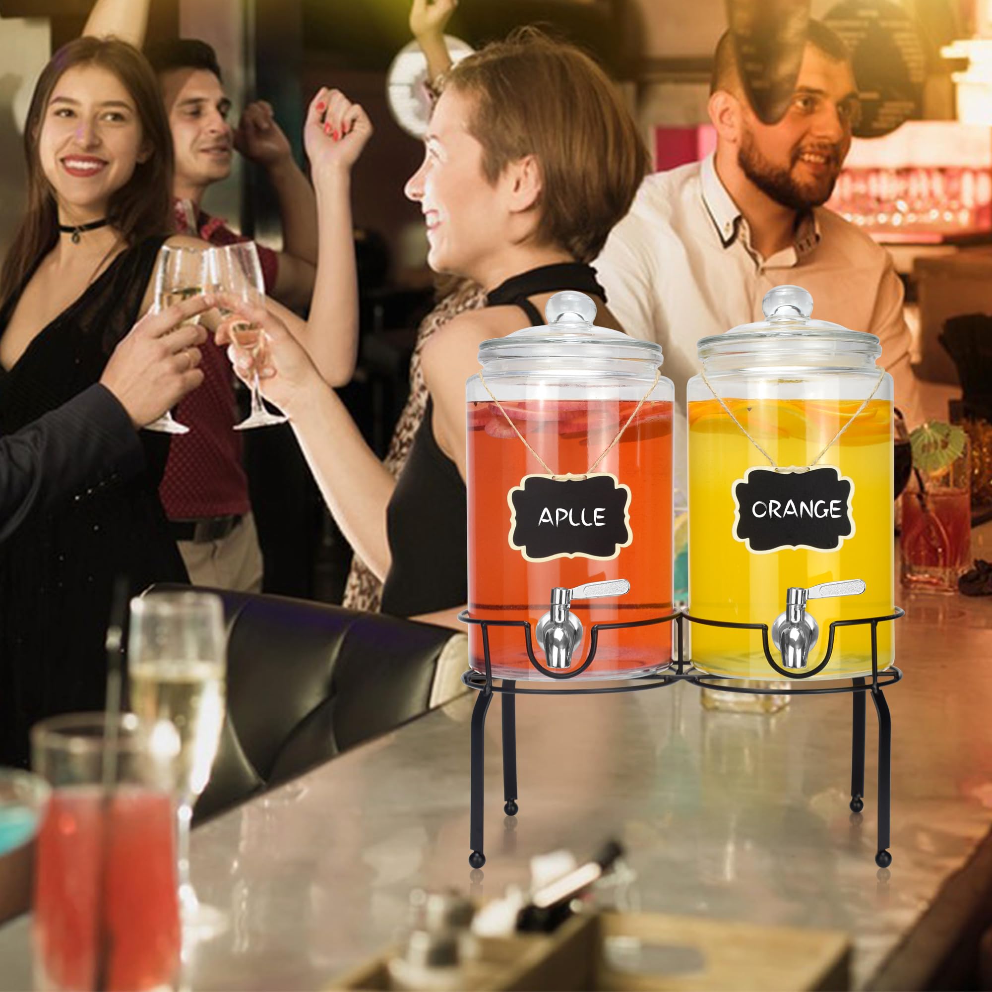 Dispensador de bebidas de 1 galón, paquete de 2, dispensador de bebidas de espita de acero inoxidable para fiestas con soporte, recipiente de vidrio transparente fácil de rellenar y limpiar 6