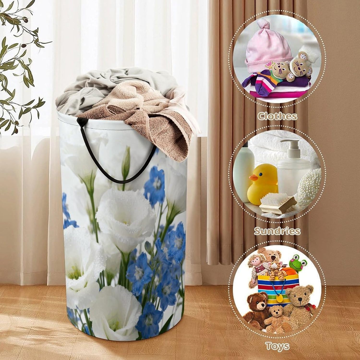 Floral White Blue Laundry Hamper with Handles Waterproof Collapsible Laundry Basket Large Lightweight Round Dirty Clothes Hamper for Home Dorm Bathroom Decor