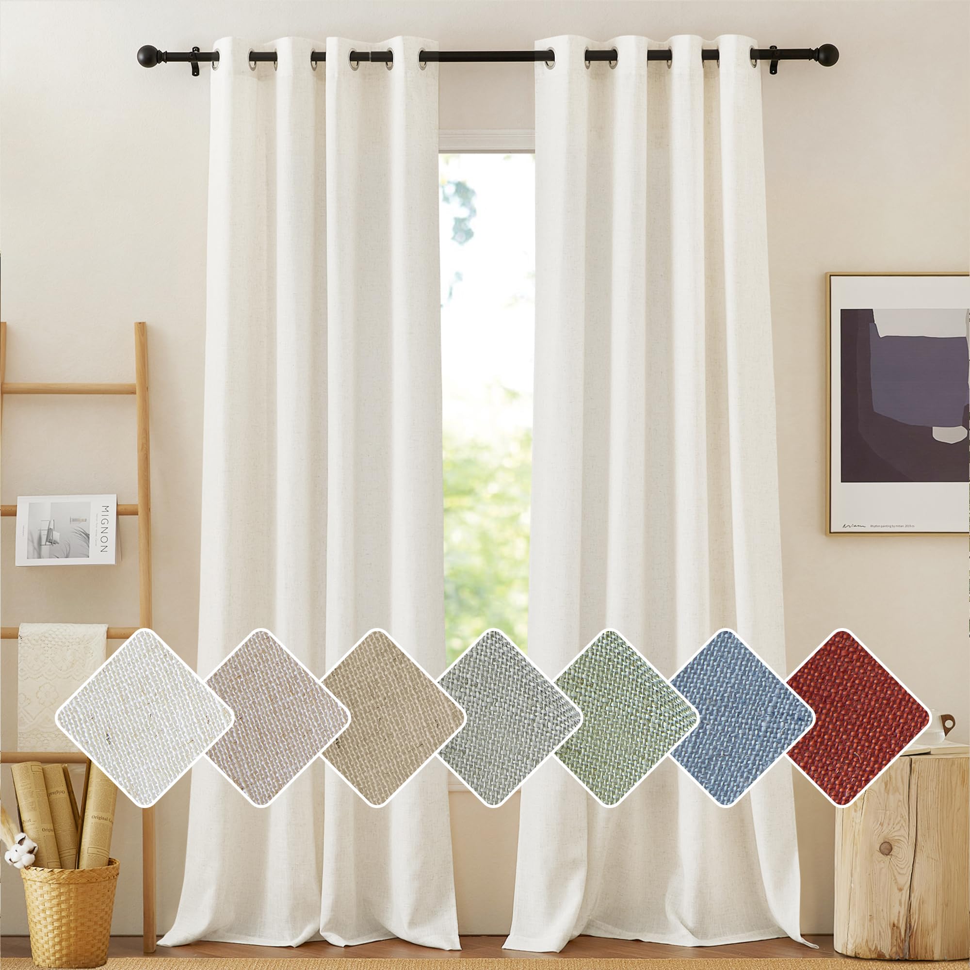 PONY DANCE Wohnzimmer Gardinen Leinen Ösenschal 2er Set H 245 x B 140 cm Leinenvorhang Creme Halbtransparent Leinenoptik Vorhänge mit Ösen für Schlafzimmer Linen Curtains Boho Style