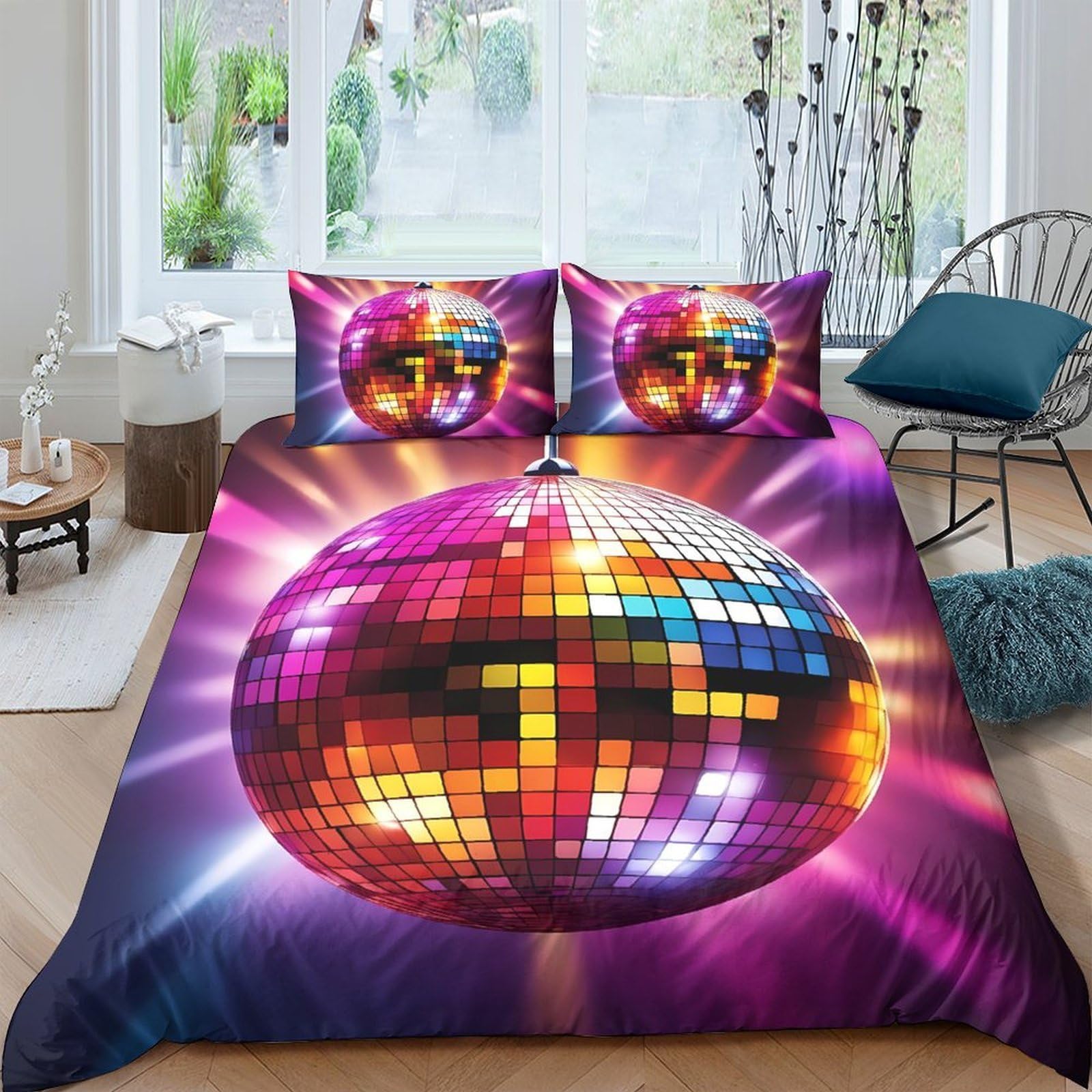 GPLZQXKJNH 3D Printed Disco Ball Duvet Cover Microfiber Colourful Light Pattern Bedding Set with 2 Pillowcases for Bedroom Decor Single（135x200cm）