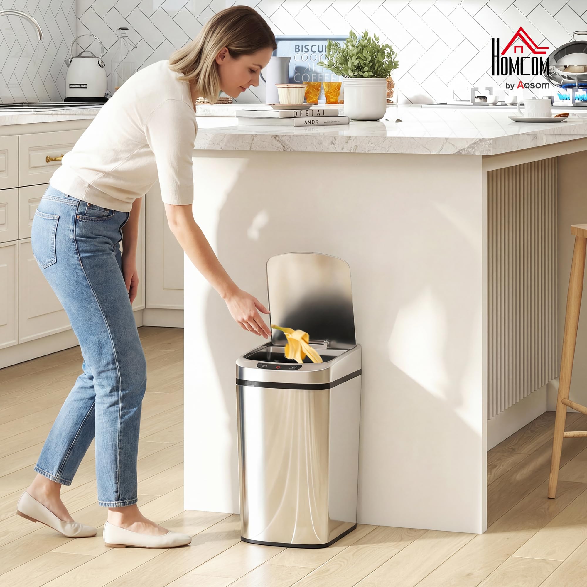 HOMCOM Pattumiera automatica da 12 l, in acciaio inox, con sensore di movimento senza contatto, con coperchio, resistente alle impronte digitali, per casa, ufficio, soggiorno, argento