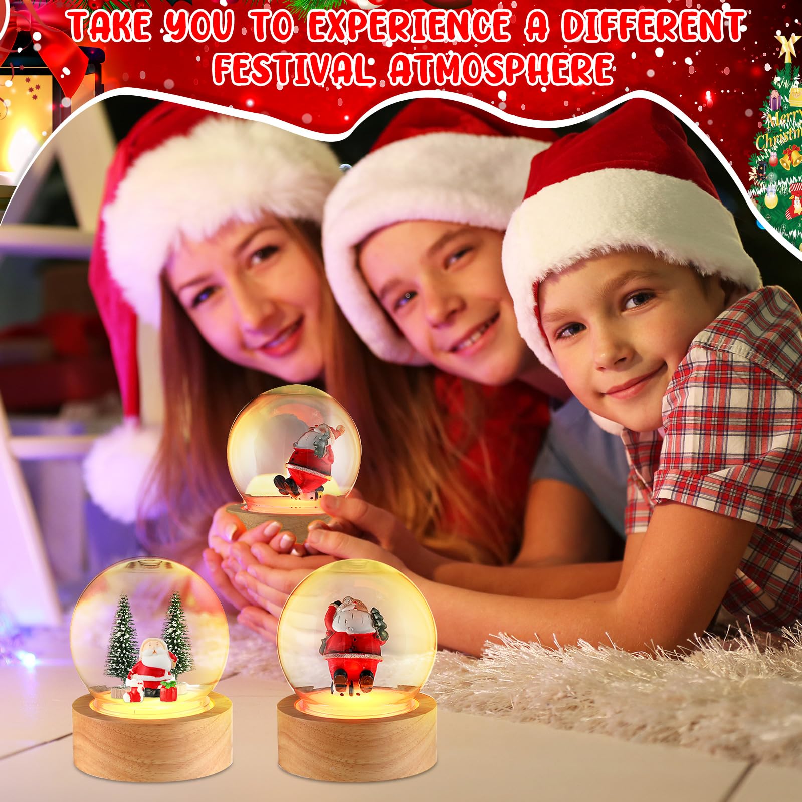 Irenare Kit di 12 sfere di neve fai da te, 6 sfere di neve con 6 luci a LED, base in legno trasparente, cupola in plastica trasparente, per decorazioni natalizie, souvenir, piante, terrario (base in