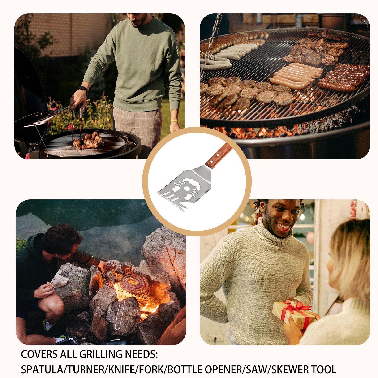 NEWHE Couverts De Barbecue Multifonction 7 En 1 Avec Manche En Bois Et Spatule En Acier Inoxydable | Cadeaux De Barbecue Pour Hommes Et Fans De Barbecue (ensemble D'accessoires De Barbecue De