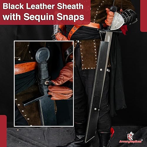 Miniatura 5 de Armory Replicas Battle Ready - Espadas medievales - Cuchillas de acero de alto carbono con fundas de cuero, espiga completa