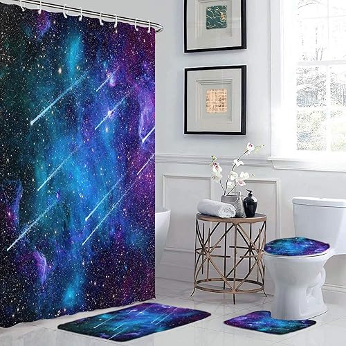 Miniatura 5 de GRIEKOWE Juego de 4 cortinas de ducha con temática de meteoritos del universo exterior, galaxia estrellada con alfombras antideslizantes para tapa