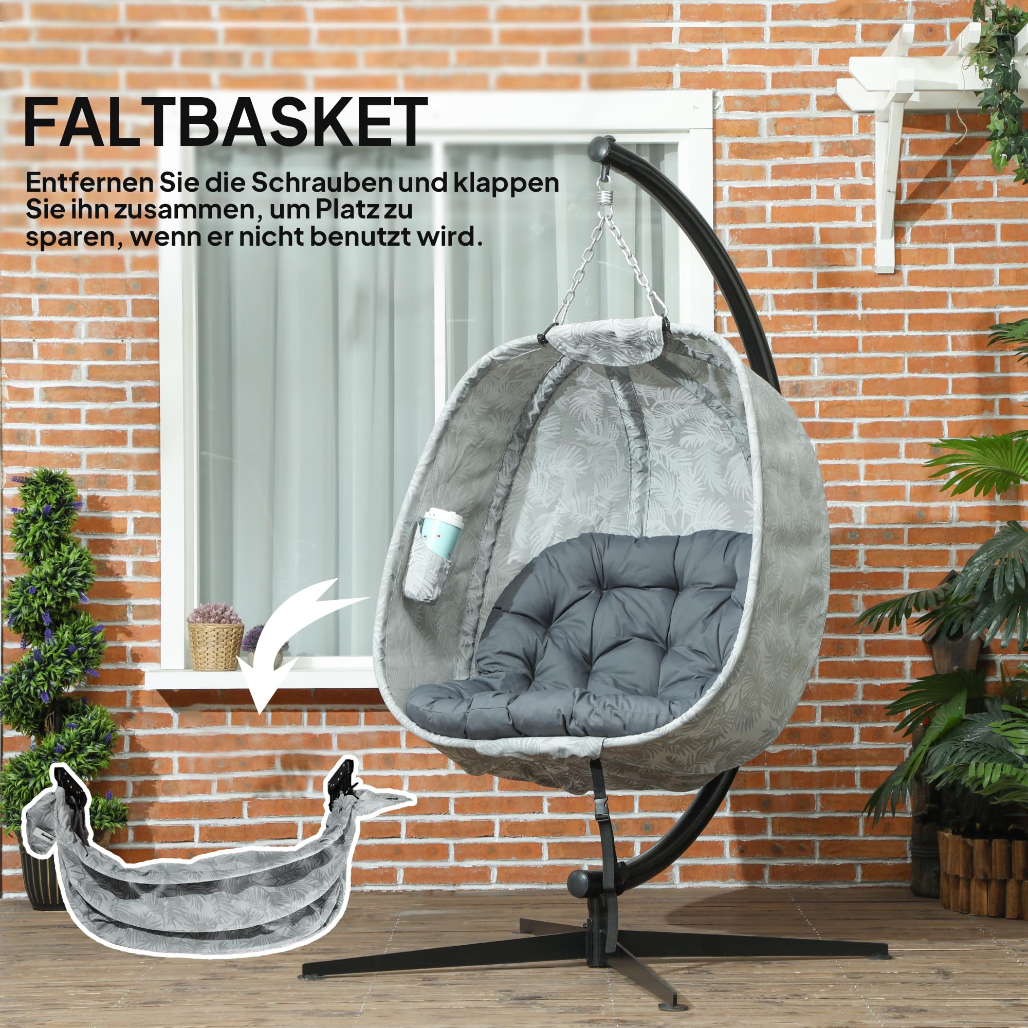 Outsunny Hängesessel mit Gestell, Faltbar Eiförmiger Hängeschaukel mit weichem Sitzpolstern, Hängematte für den Außenbereich Schaukelsessel Indoor Outdoor, Terrasse, Garten, Grau