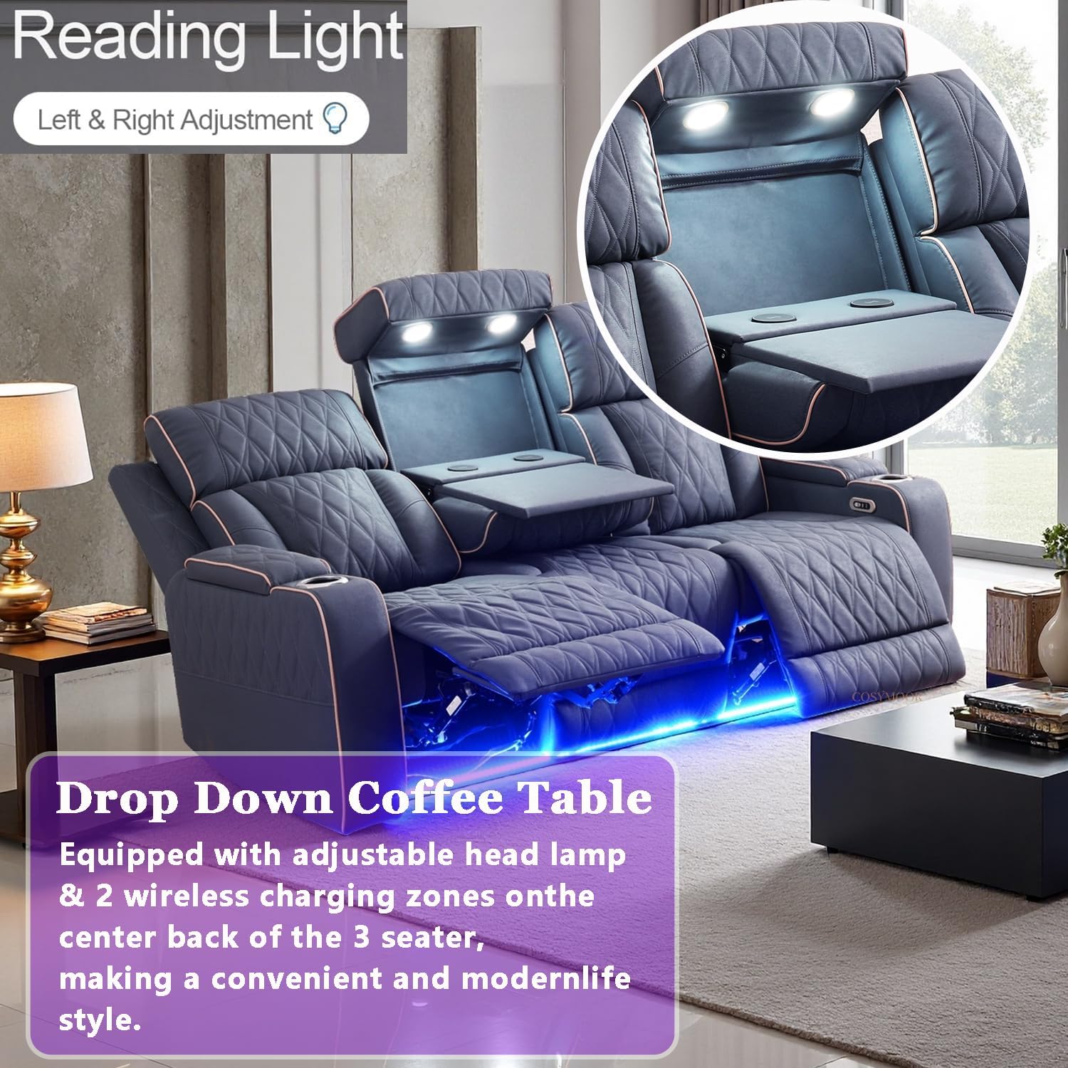 Power Recliner Sofa Set with LED, 3 Pieces Sectional Couch, Sandad Leather Living Room Furniture Sets, Modern Power Reclining Couch Leather Sofa with USB Ports/Cup Holders/Armrest Storage