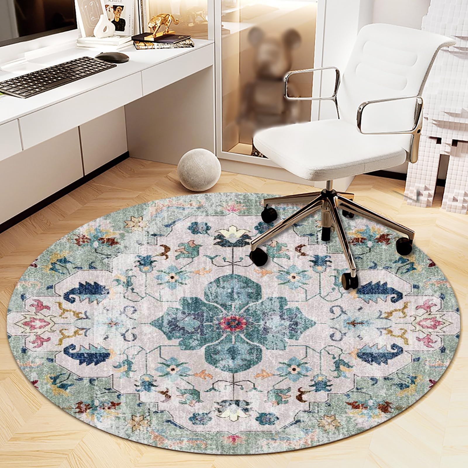 Heavyoff Office Chair Mat for Hardwood Floor, Vintage Computer Gaming Rolling Low Pile Carpet Floor Chair Mat, Anti-Slip Backing Round Desk Rug Floor