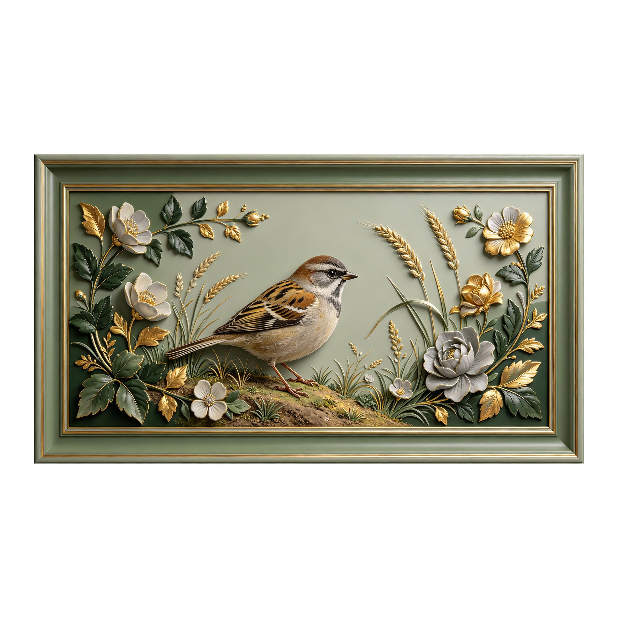 Murasolite 3D 3D Framed Wall Art 50cm×90cm Sparrow with Floral Botanical Relief Effect SelfAdhesive Fabric Mural Wall Decor, Peel and Stick No Damage to Wall for Bedroom Living Room