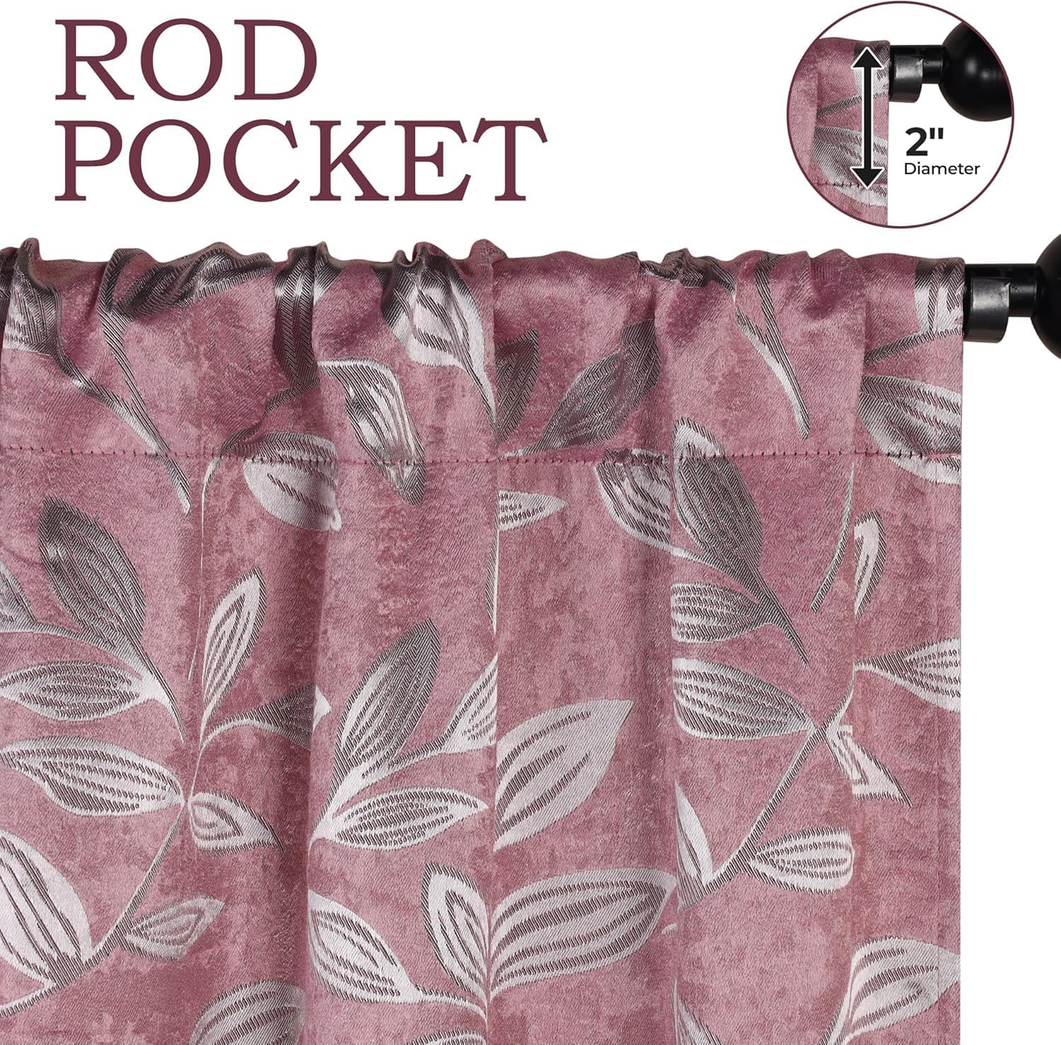 Superior Blackout Curtains, Room Darkening, Bedroom, Drapes, Kitchen, Living Room Window Accents, Sun Blocking, Thermal, 2 Pack, Leaves Blackout Curtains, Set of 2, 36" x 72", Blush