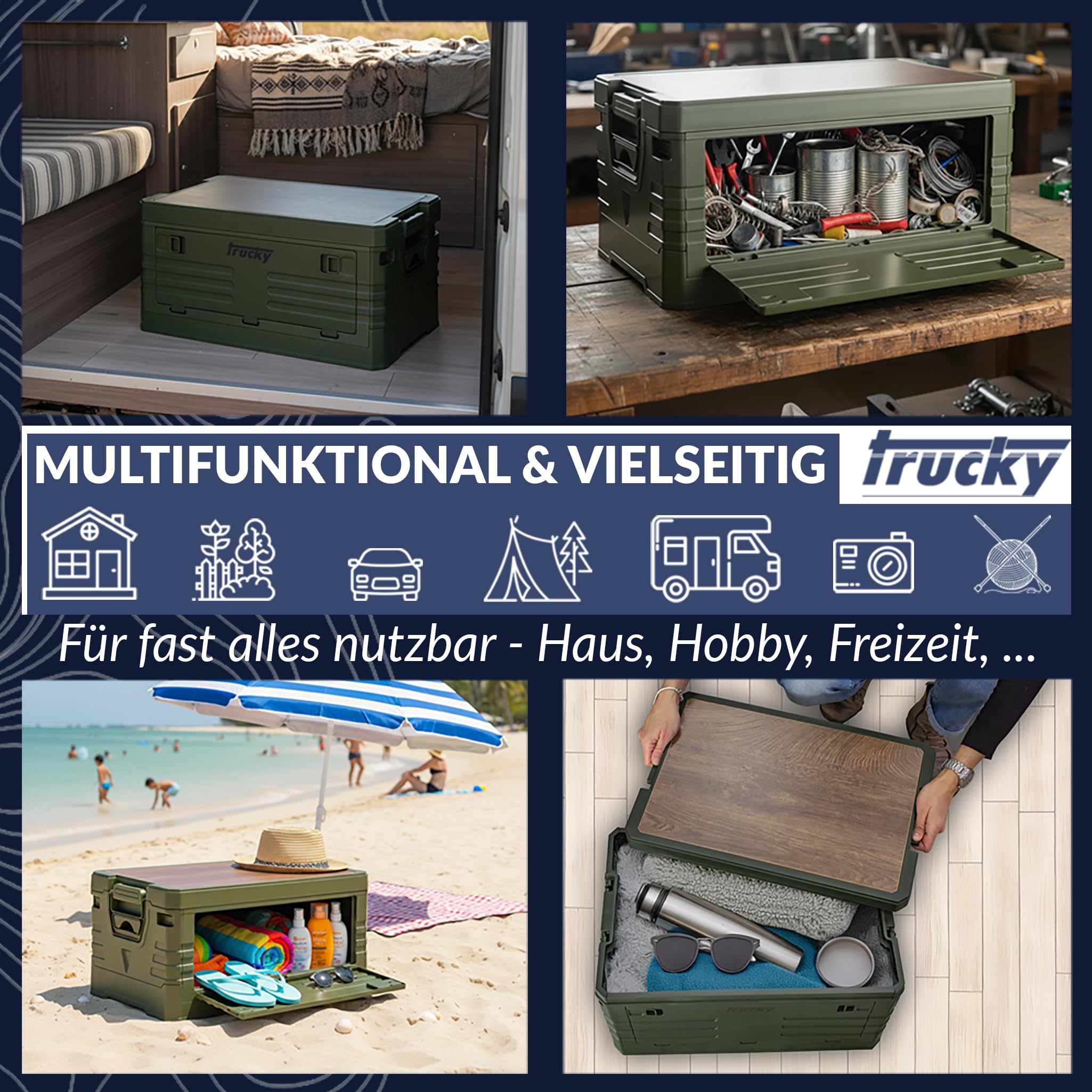 Trucky Storage Box, 75 L 58 x 40 x 33 cm, Camping, Klappbox, Klappkiste, Aufbewahrungsbox mit Deckel, faltbar, Aufbewahrung, Kiste, Grün