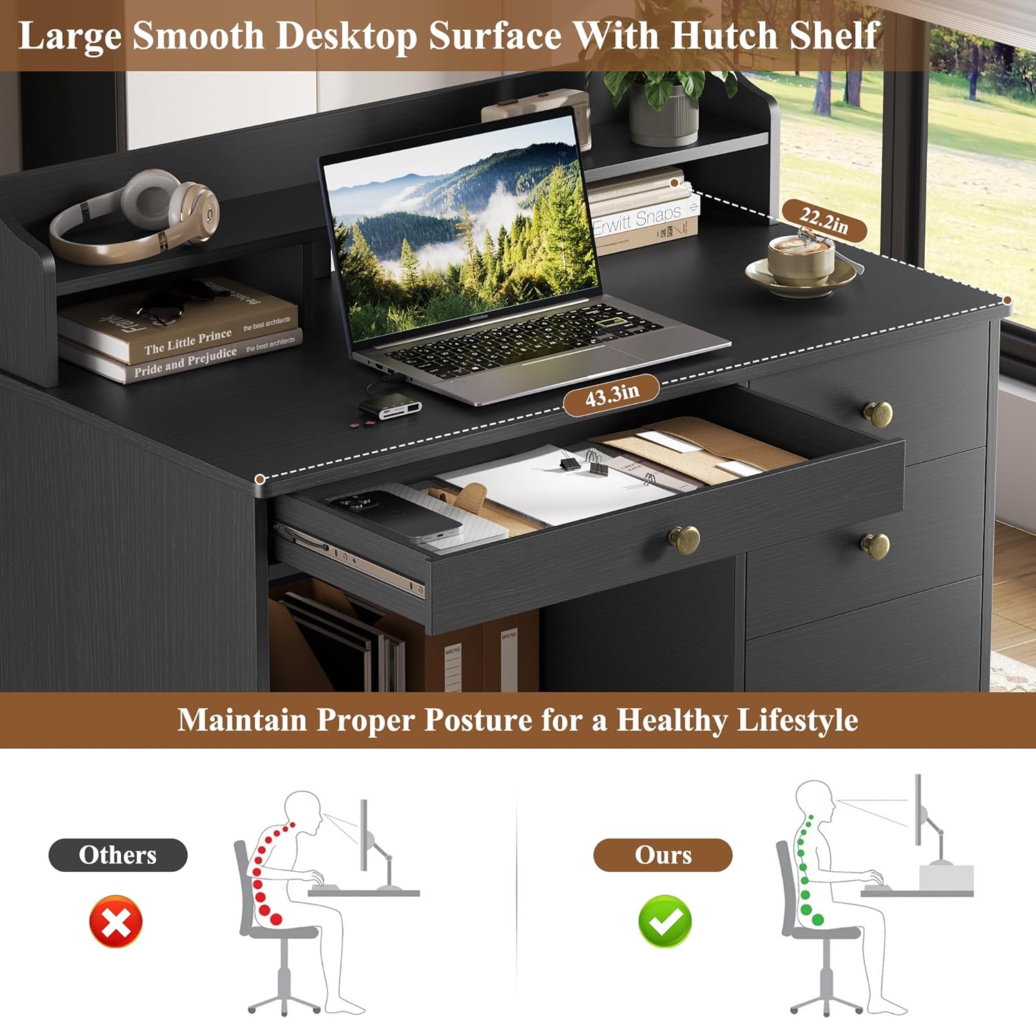 TTVIEW Computer Desk with Drawers and Hutch Shelf, Wood Executive Desk Writing Study Table with 43” Wide Tabletop, Small Desk with File Drawer for Home Office Bedroom, Black