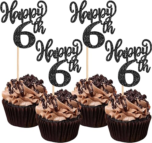 24 piezas de decoración de cupcakes con purpurina de seis saludos a 6 años de edad, número 6, cumpleaños, cumpleaños, aniversario, fiesta,
