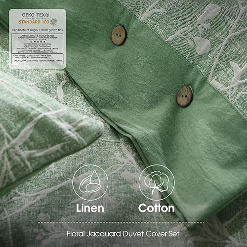 Miniatura 4 de Grassix Funda de edredón Queen  Juego de funda de edredón de mezcla de algodón y lino, funda de edredón jacquard verde floral tamaño Queen para