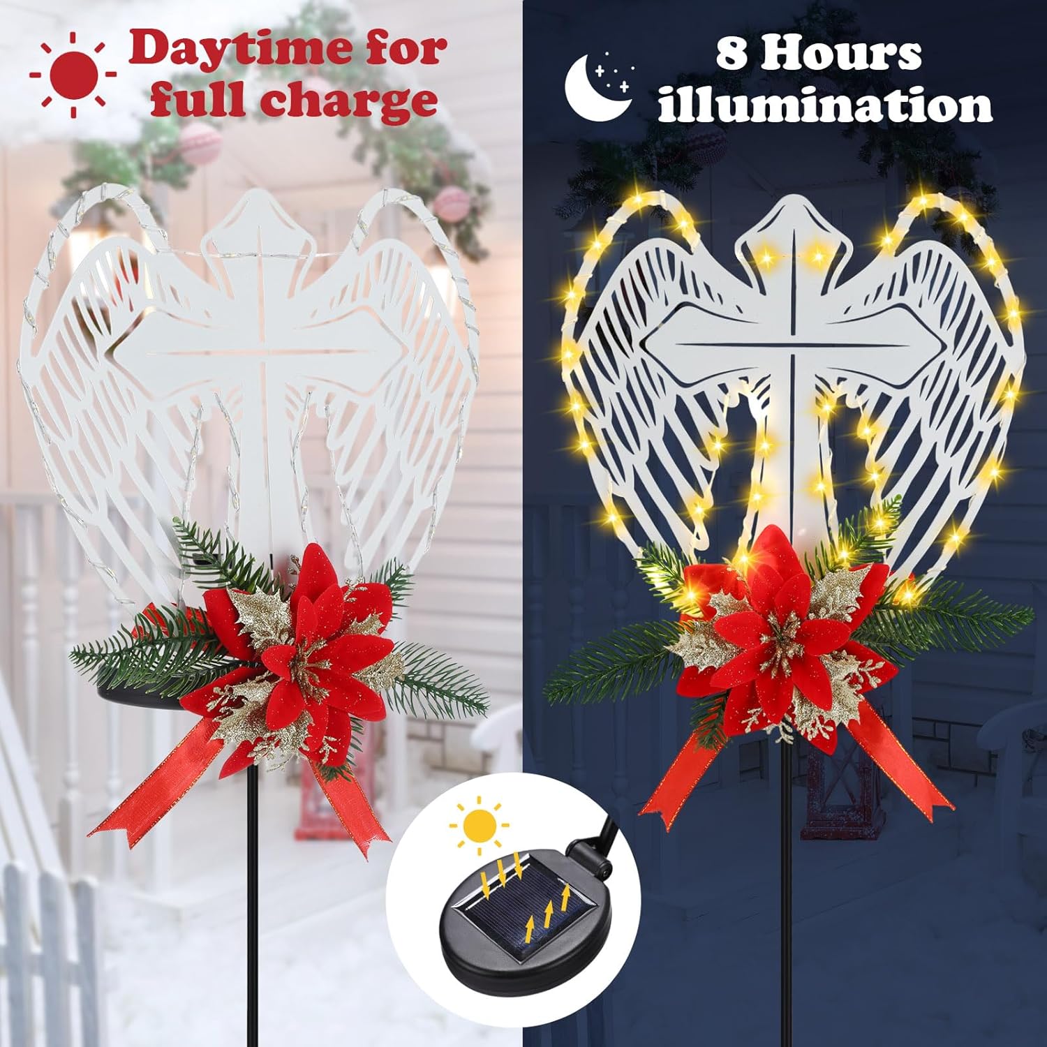 Baquler 2 Pack Christmas Solar Cross Wings Stake Lights 32" Christmas Cemetery Grave Decorations with Poinsettia for Xmas Cemetery Memorial Outdoor Yard Pathway Garden Lawn Decorations