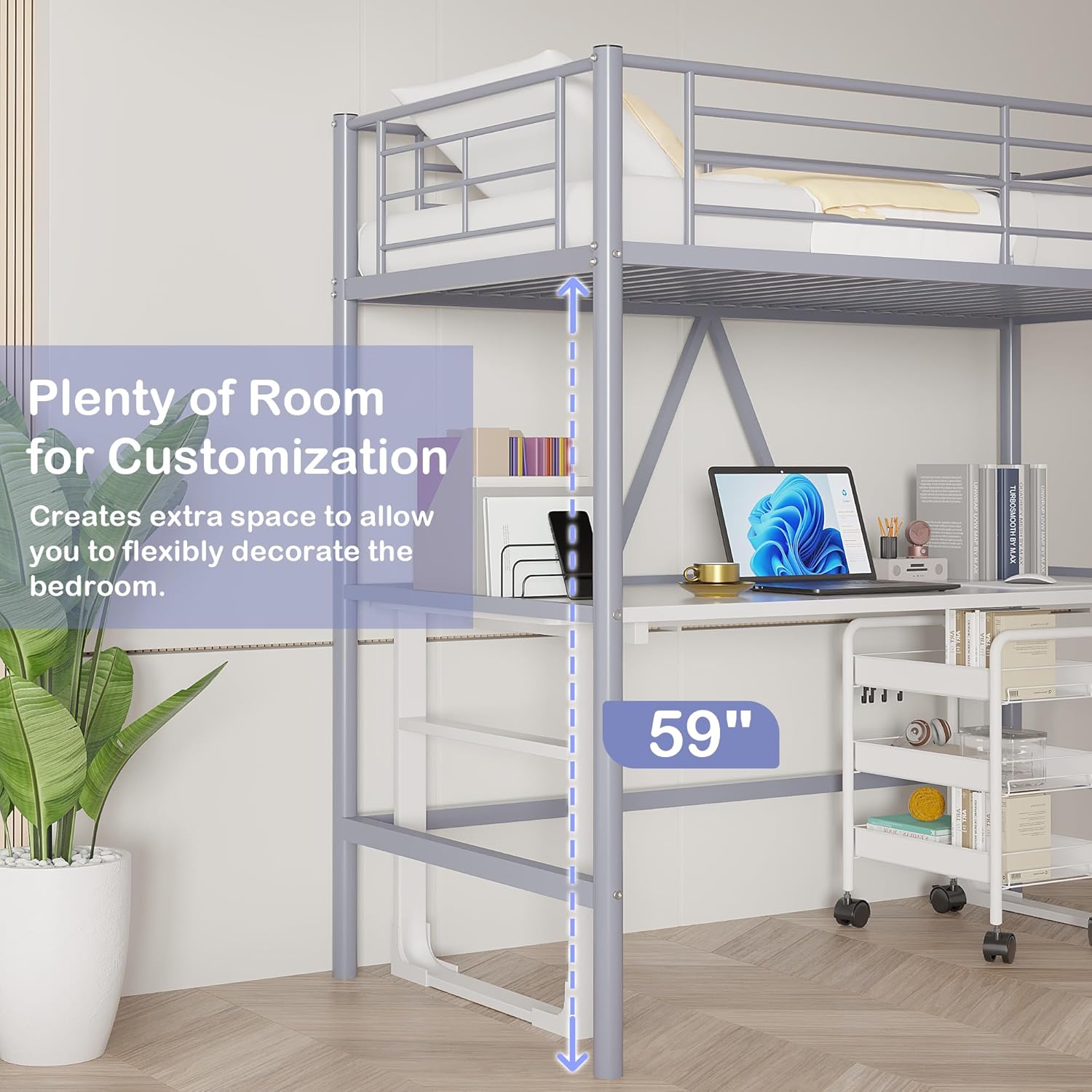 VECELO Metal Loft Bed Twin Size with Removable Ladder and Safety Guardrail, No Box Spring Needed, Space Saving, Noise Free, Grey