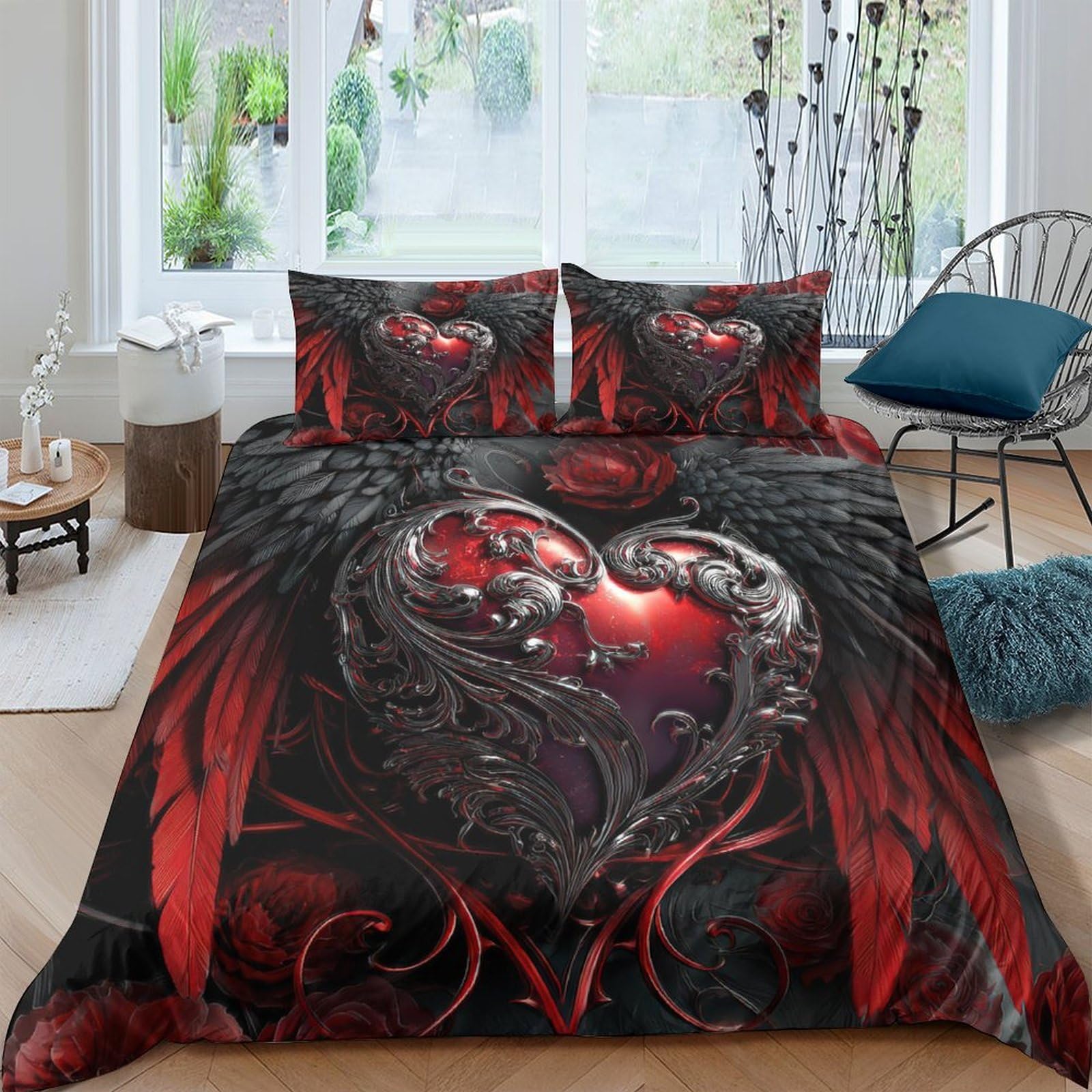 Ctjqhvkz Style-3 3D Printed Gothic Heart Fitted Sheet Microfiber Soft Red Black Angel Wings Mattress Cover For Bedroom Dorm Decor Single（135X200cm）