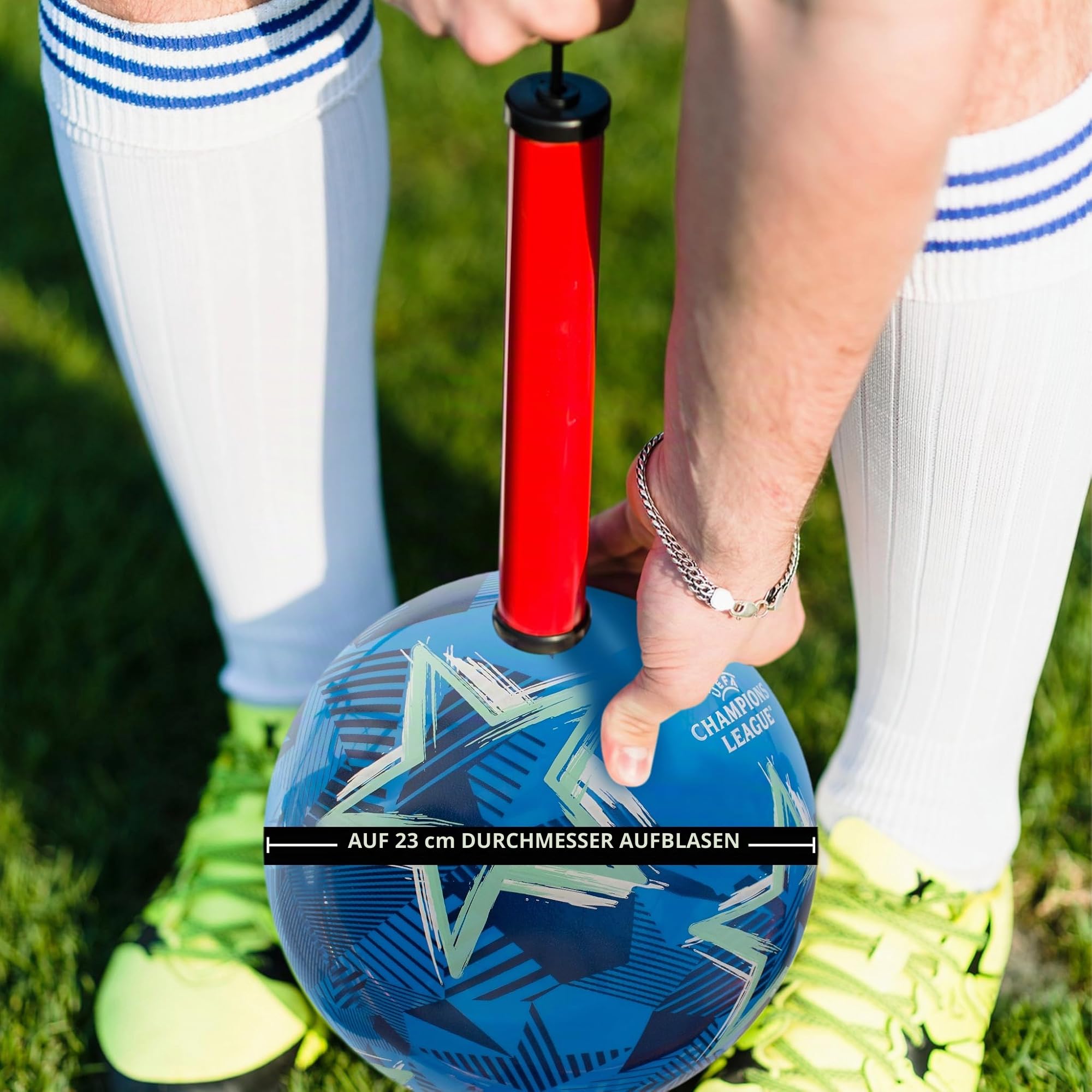 UEFA Champions League 9 Inch PVC Play Ball 120g + Hy-Pro Fast Dual Action Portable Pump