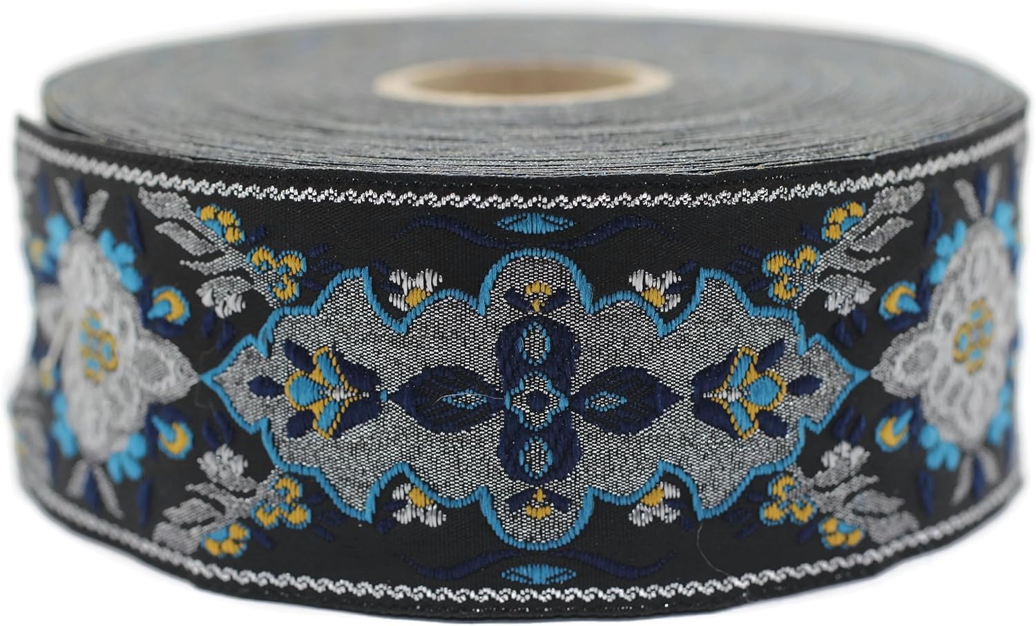 11 Yard Spool 1.57" Blue & Black European Jacquard Ribbon for Clothing Accessories Woven Border Costume Sewing Trim DIY Craft Supplies 40591 V3
