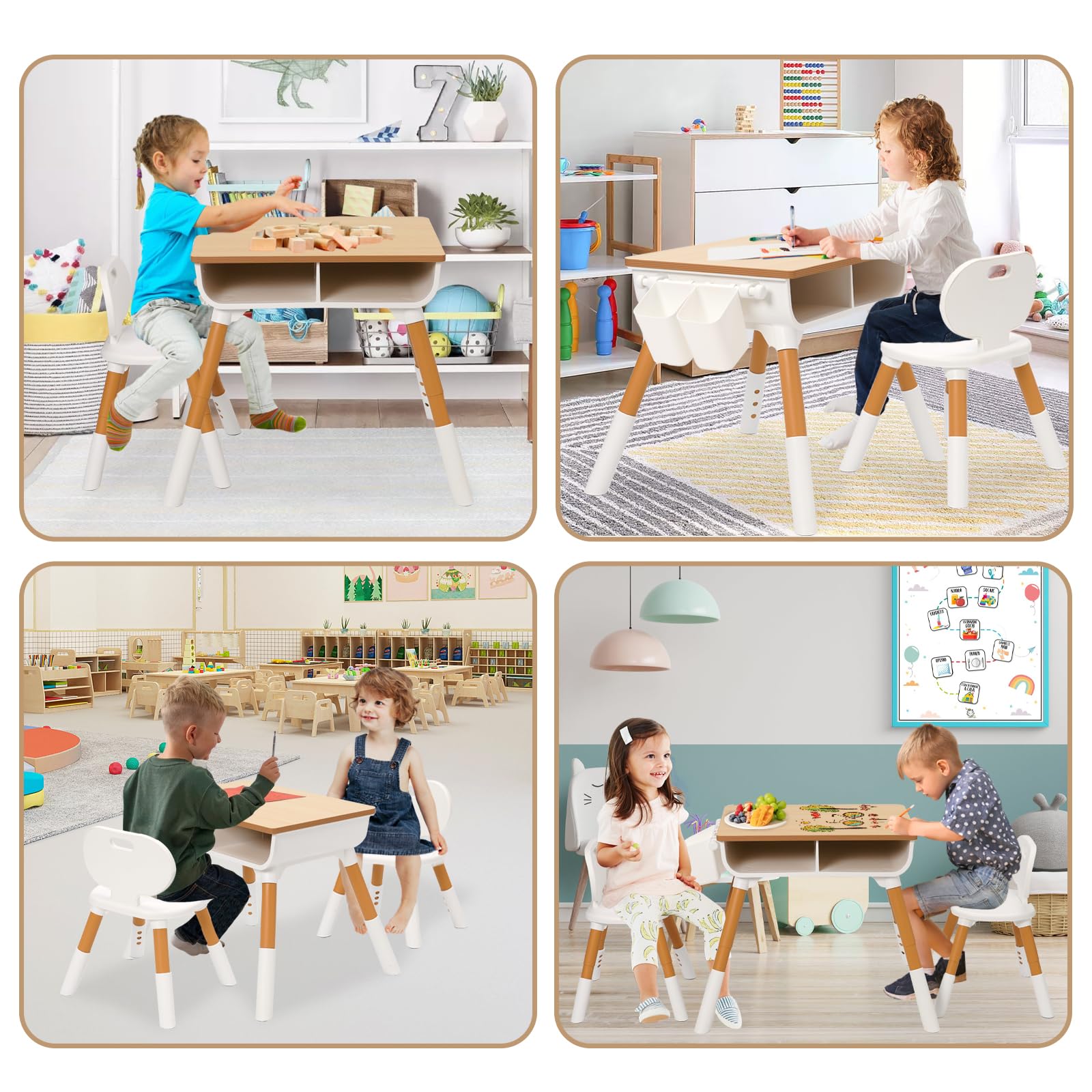 Mesa infantil con 2 sillas, altura regulable, grupo de asientos infantiles para guardería, escritorio para niños con espacio de almacenamiento y silla infantil, juego de sillas para niños
