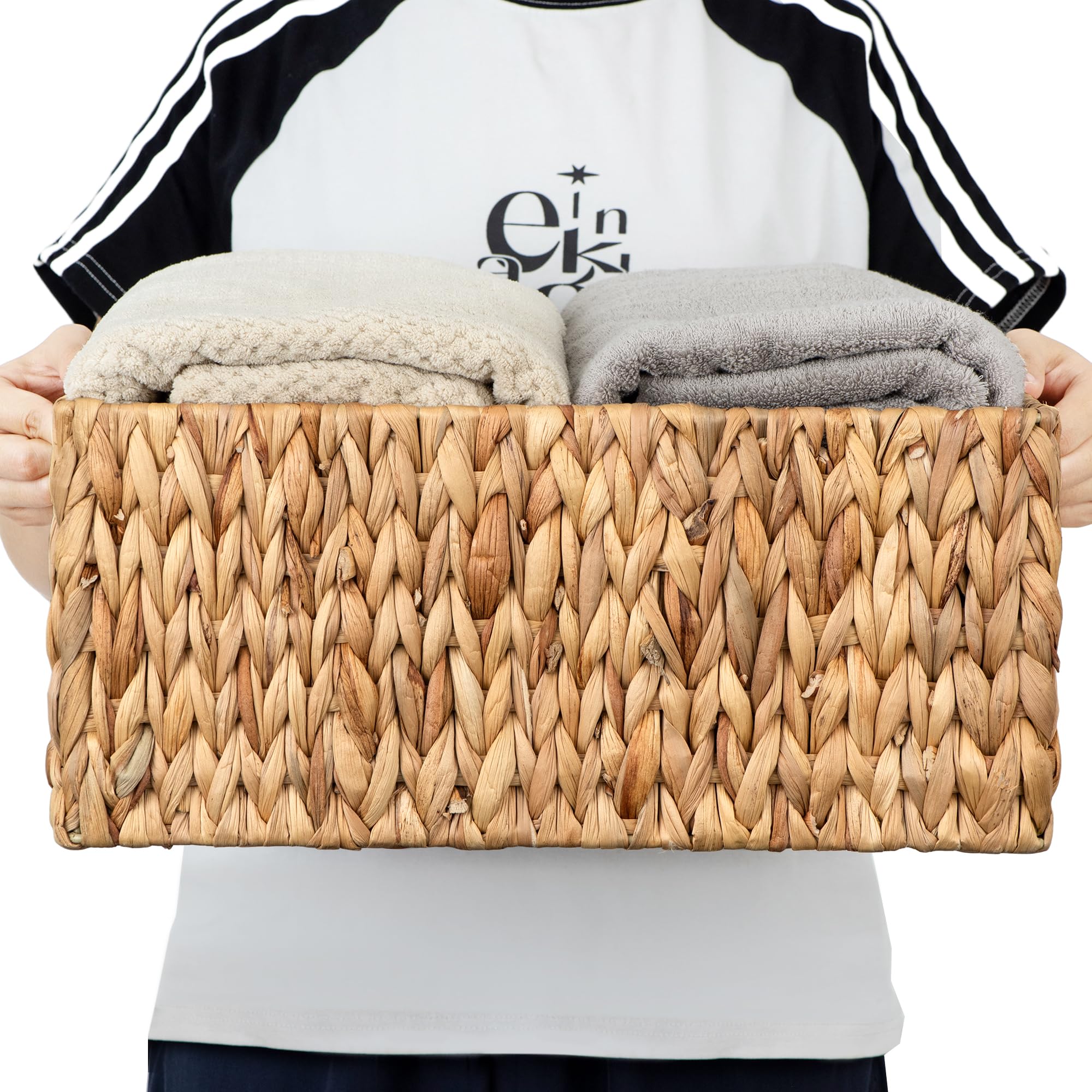 Large Handwoven Water Hyacinth Storage Basket with Built-in Handles, Decorative Woven Organizer Bin for Blanket, Towels, Closet, Pantry, Bathroom, Laundry Room & Living Room