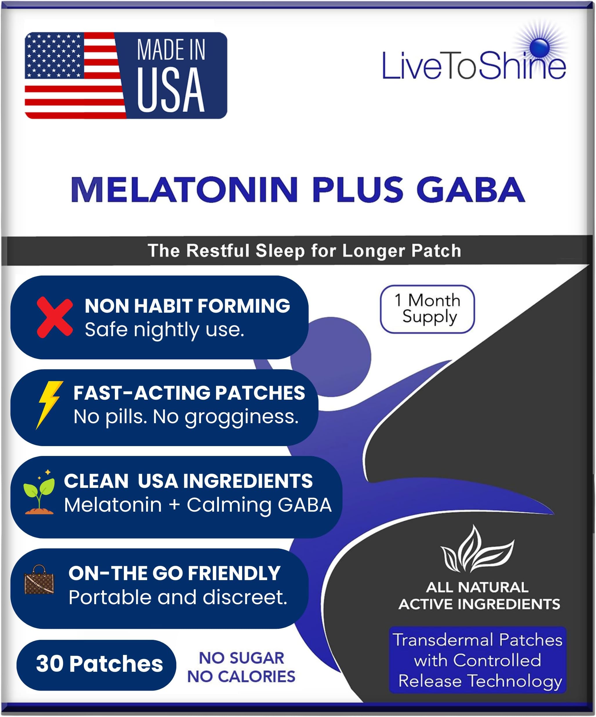 Melatonin Sleep Patches with GABA - 5mg Melatonin + 5mg GABA for Calm, Restful Sleep -12-Hour Slow Release Transdermal Patch - 30 Patches - No Pills or Gummies