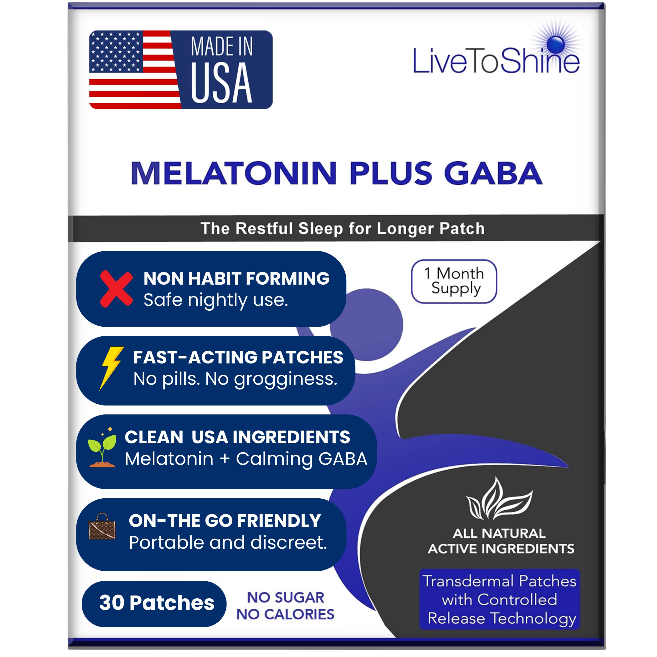 Live To Shine Melatonin Sleep Patches with GABA – Calm Busy Minds & Support Restful Sleep – Slow Release Transdermal Patch – 30 Patches – No Pills or Gummies – Made in USA