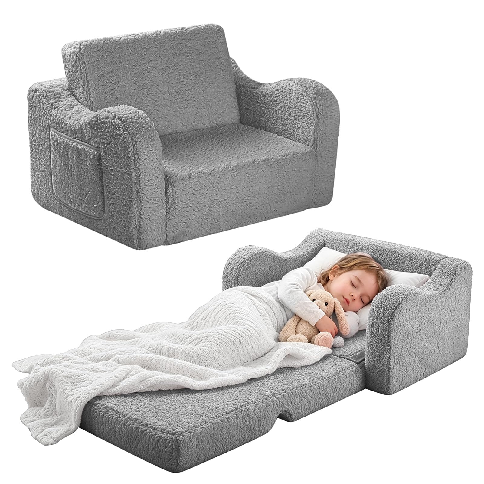 MeYuxg 3 en 1 Sofa Infantil, Sillon Bebe para Niños y Niñas, Sillón Convertible y Cama Plegable, Mini Sofá, Regalo del Niño y Cumpleaños, Gris