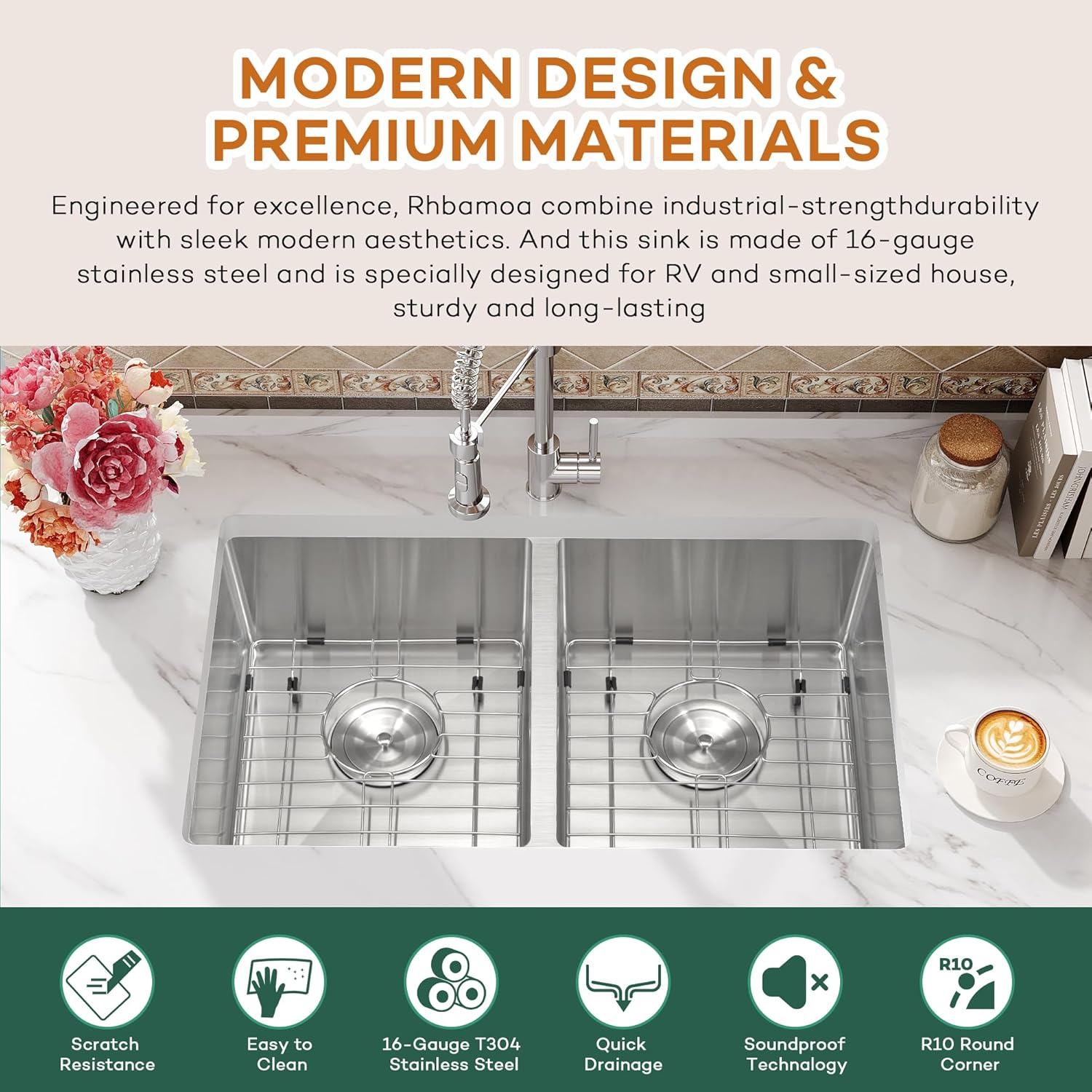 Rhbamoa 27 Inch RV Kitchen Sink,T304 Stainless Steel Kitchen Sinks for RV,50/50 Undermount Double Sink,Outdoor Sinks with Brushed Finish (27'' X 16'' X 7'')