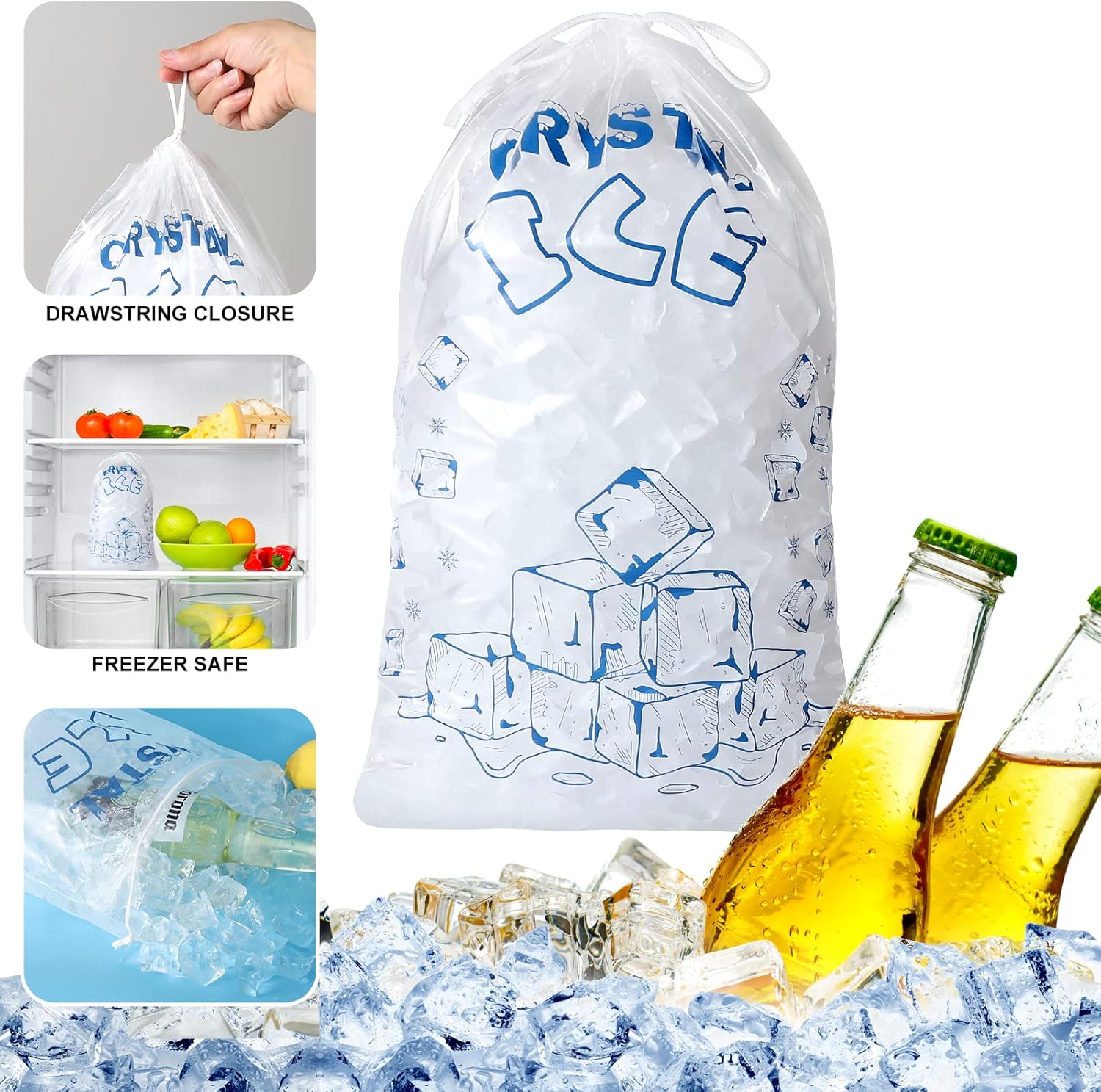 Ice Bags 8 lb with Drawstring, 50 Count Ice Bag for Ice Machine, Heavy-Duty Reusable Ice Cube Bags, Portable Storage and Freezer Keeper thumbnail