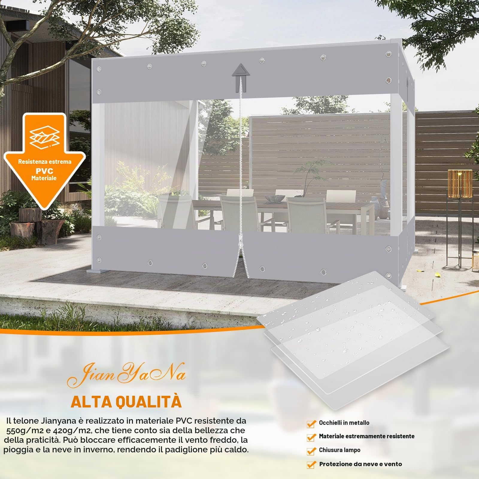 Jianyana 650G/㎡ PVC Telone Impermeabile Per Esterno, Telone Trasparente Occhiellato Teloni Impermeabili Occhiellati Per Gazebo, Tettoie, Balconi, Terrazze