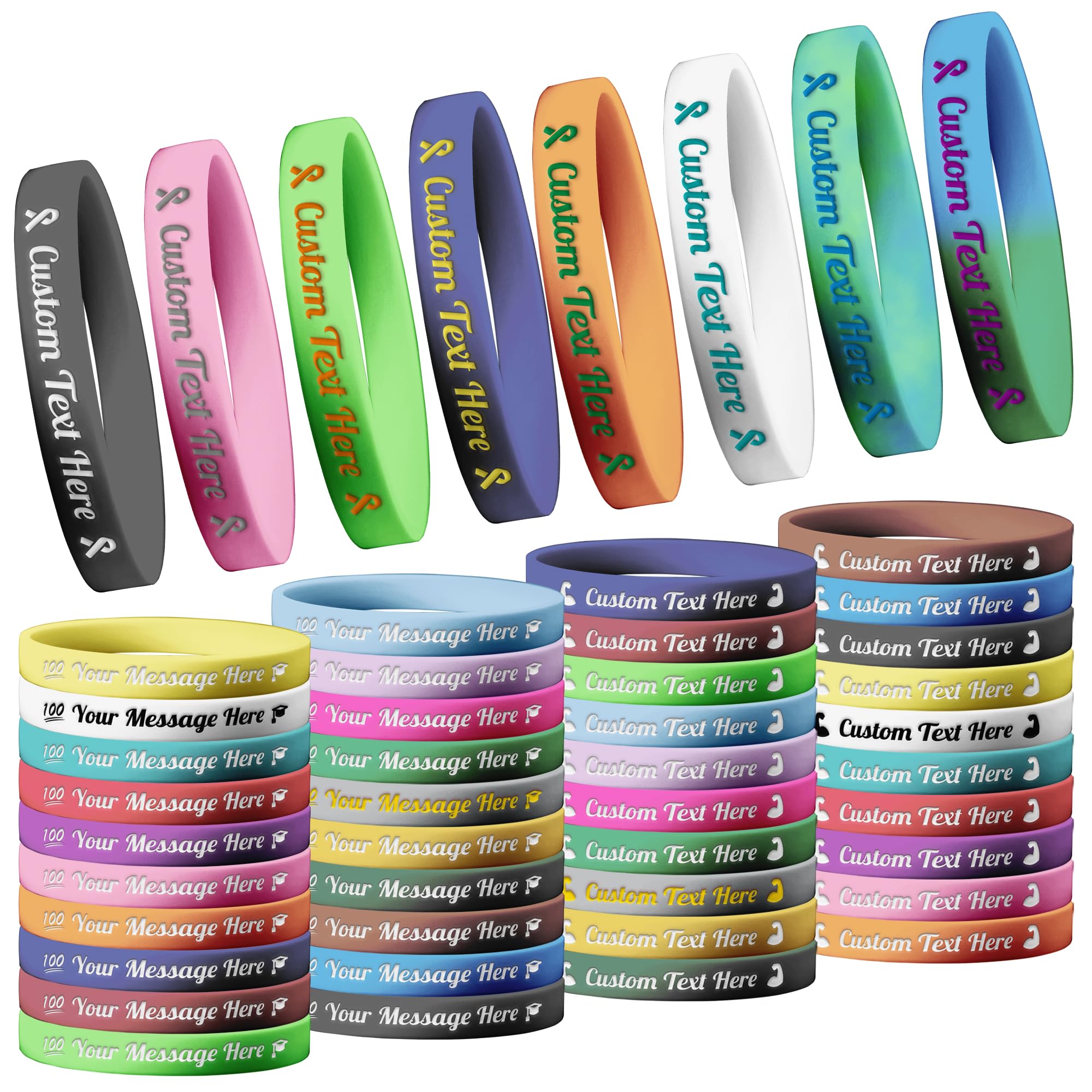 Custom Rubber Bracelets Bulk Personalized Silicone Wristbands with Different Sizes and Colors for Fundraisers Awareness Motivation Events (1/2 inch)