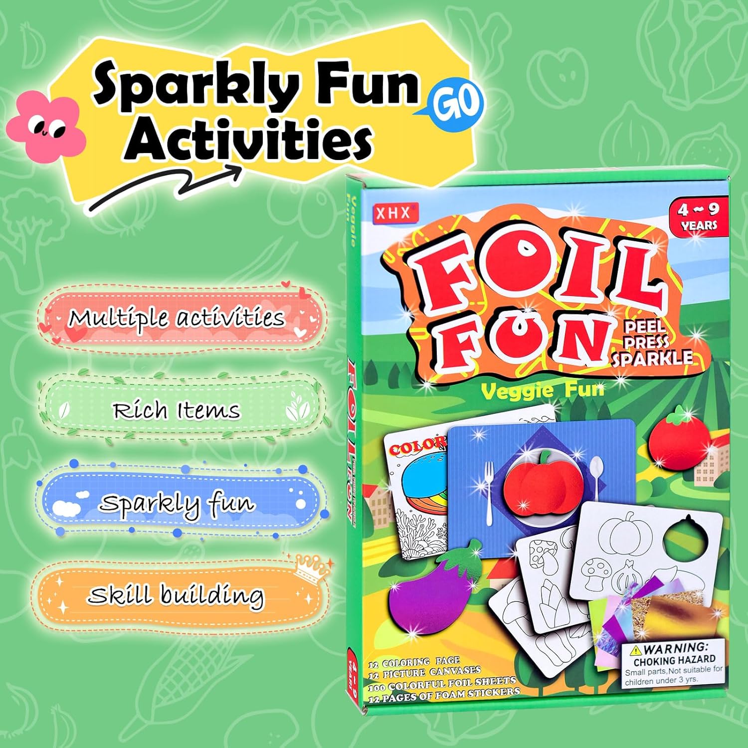 XHX Art & Craft Activity - Foil Fun, No Mess Art for Kids, Craft Kits & Supplies, DIY Creative Activity, Gifts for Boys & Girls Ages 4, 5, 6, 7, 8, 9, Travel Toys (Vegetable)