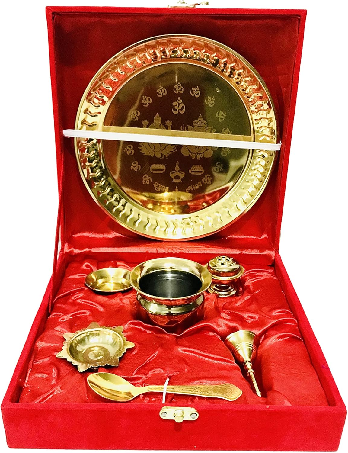 Gold Pooja thali Set bhog thali (Bell, Lota, Jyot, Vati, Spoon,Aggarbatti stand) set for Diwali pooja New Year Navaratri Wedding Aarti thanksgiving return gift Karwa Chauth - 8.5 inch