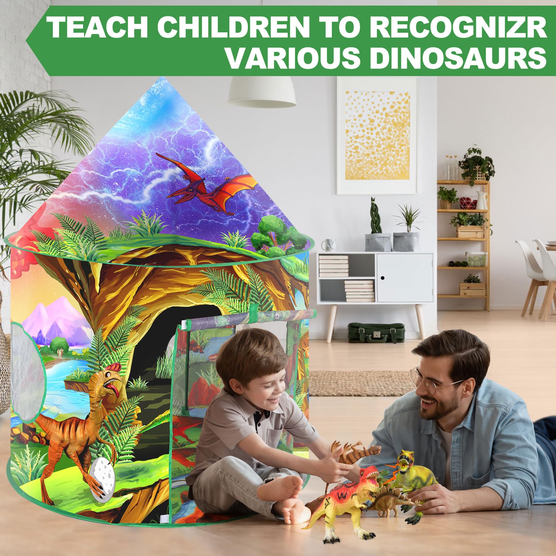 Dinosauro Tenda per Bambini Casetta Bambina Bambino Pop Up Capanna per Bambini Esterno Interno Portatile con Dinosauri Adesivi Casette Giochi Bambini