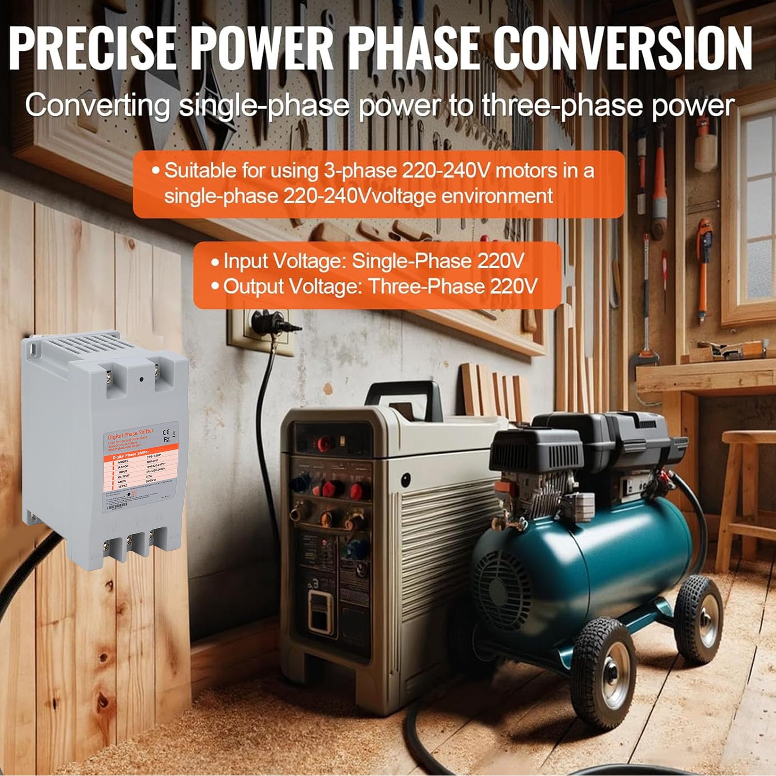 Generic Convertidor de Fase Digital 1.5, Convertidor de Potencia Monofásico a Trifásico para Maquinaria con Diseño Compacto, Conversión de Energía Eficiente para Uso Residencial y