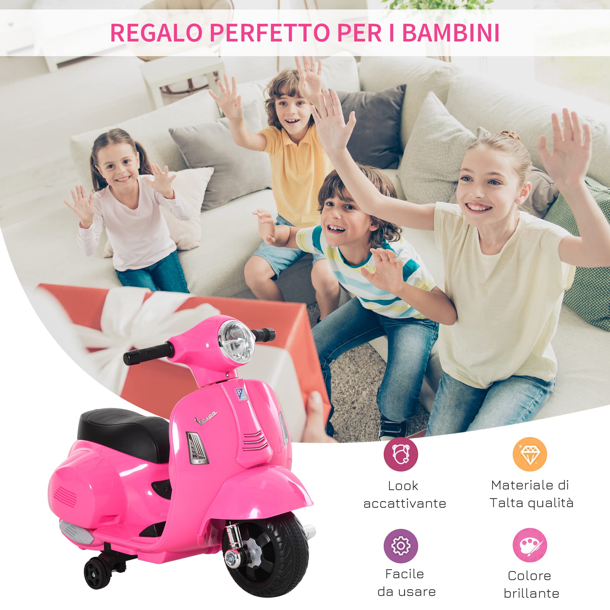 HOMCOM Moto Elettrica per Bambini con Licenza Ufficiale Vespa Batteria 6V, Fari e Clacson, per Bimbi da 18-36 mesi, Rosa, 66.5x38x52cm