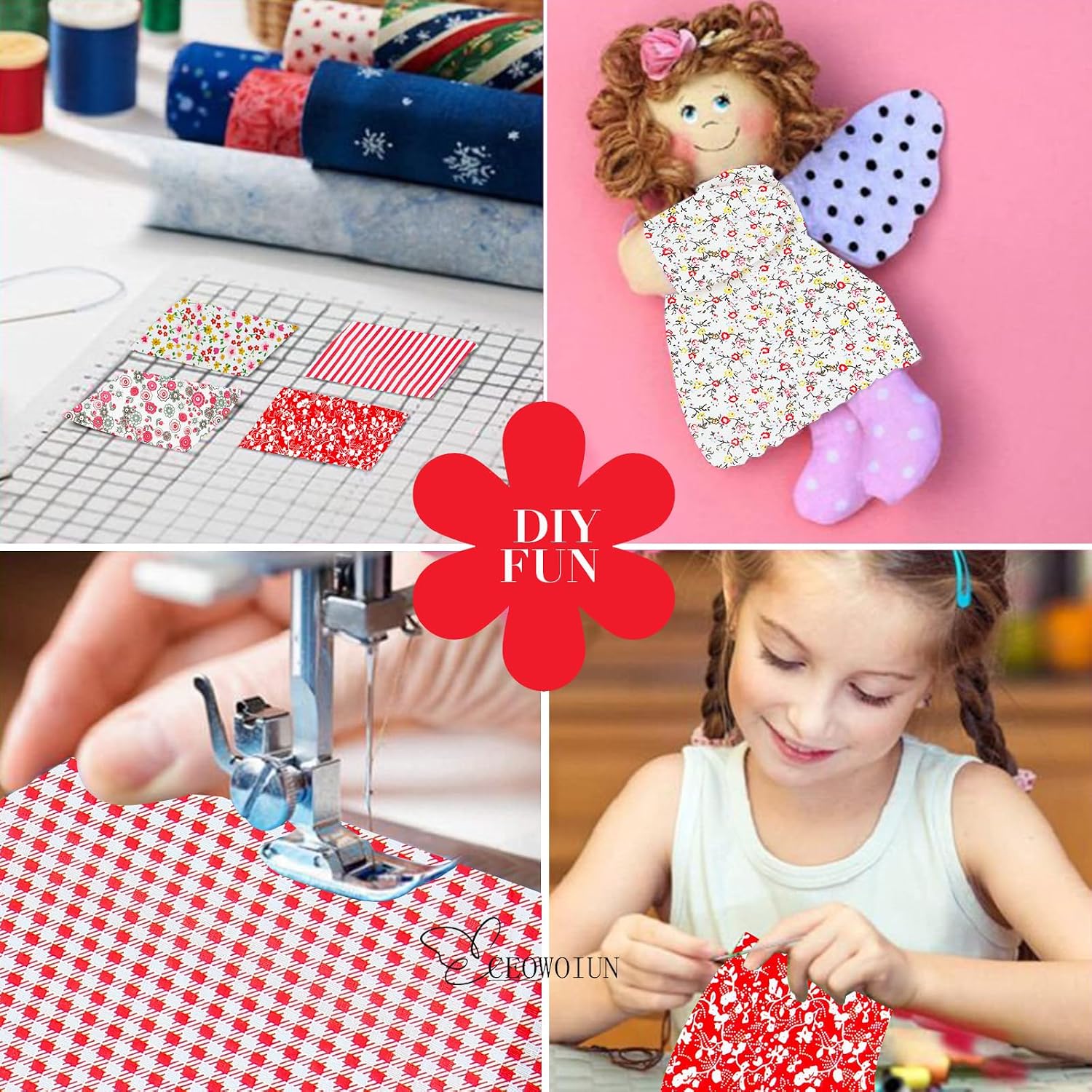 7 Pcs Red Cotton Fabric Squares, 20x20 Inch Printed Floral Craft Fabric, for DIY Sewing Cloths，Quilts and Cushion Covers