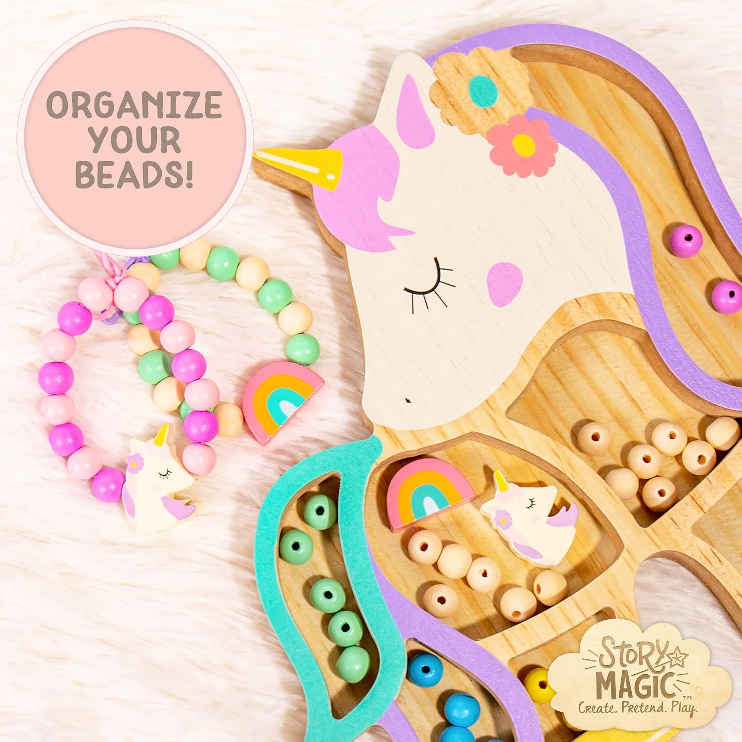 Story Magic Unicorn Bead Set by Horizon Group USA, Create Your Own Magical Beaded Jewelry, Includes Over 100 Natural Wooden Beads Large Hole, 5 Pre-Cut Elastic Cords with Shoelace Ends, Storage Case image 4