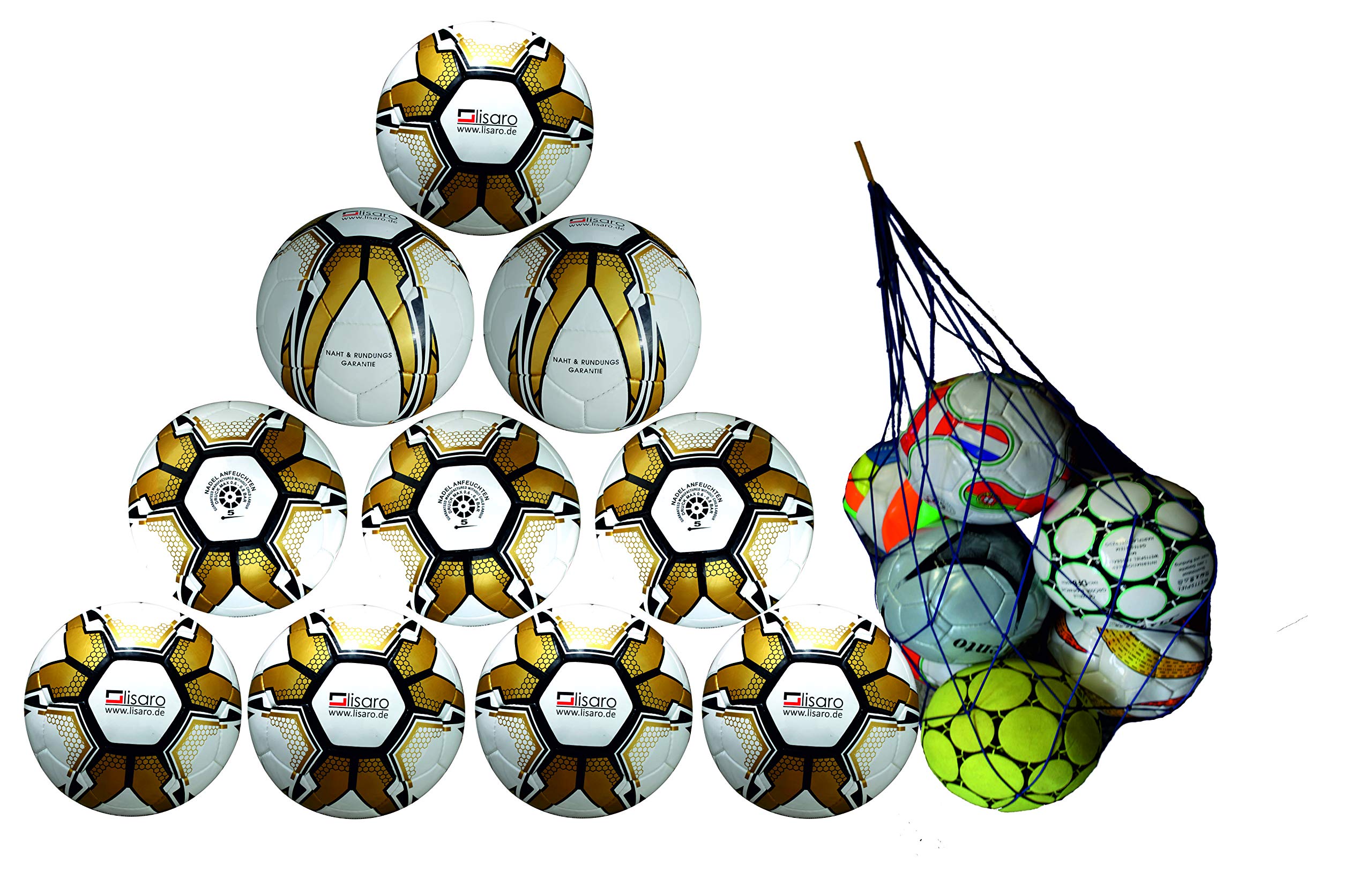 Lisaro Balón de fútbol para entrenamiento superior, tamaño 5, 10 pelotas + red para balones