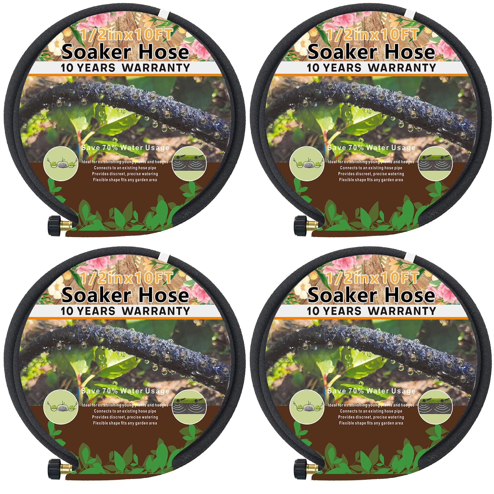 4-Pack Soaker Hose for Garden 10 Ft, Short Soaker Hoses 40 Ft, Rubber Garden Hose for Watering, Heavy Duty Drip Irrigation Hoses System (10 feet 4-Pack)