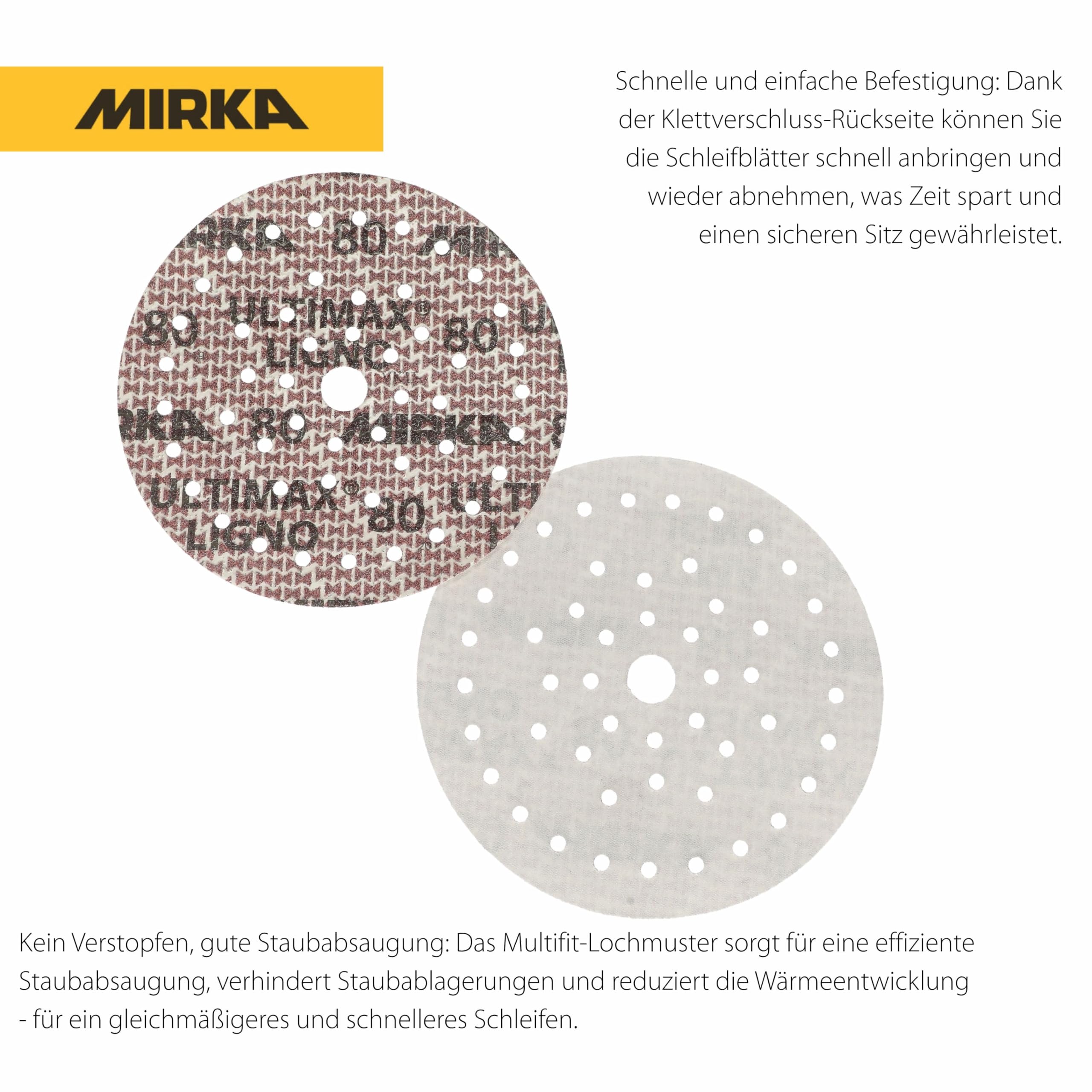 Mirka - abrasive sheets - Ultimax Ligno 150 mm rzep Multifit | Uniwersalne arkusze ścierne z rzepem do szlifierek 150 mm wysoka trwałość i skuteczność szlifowania