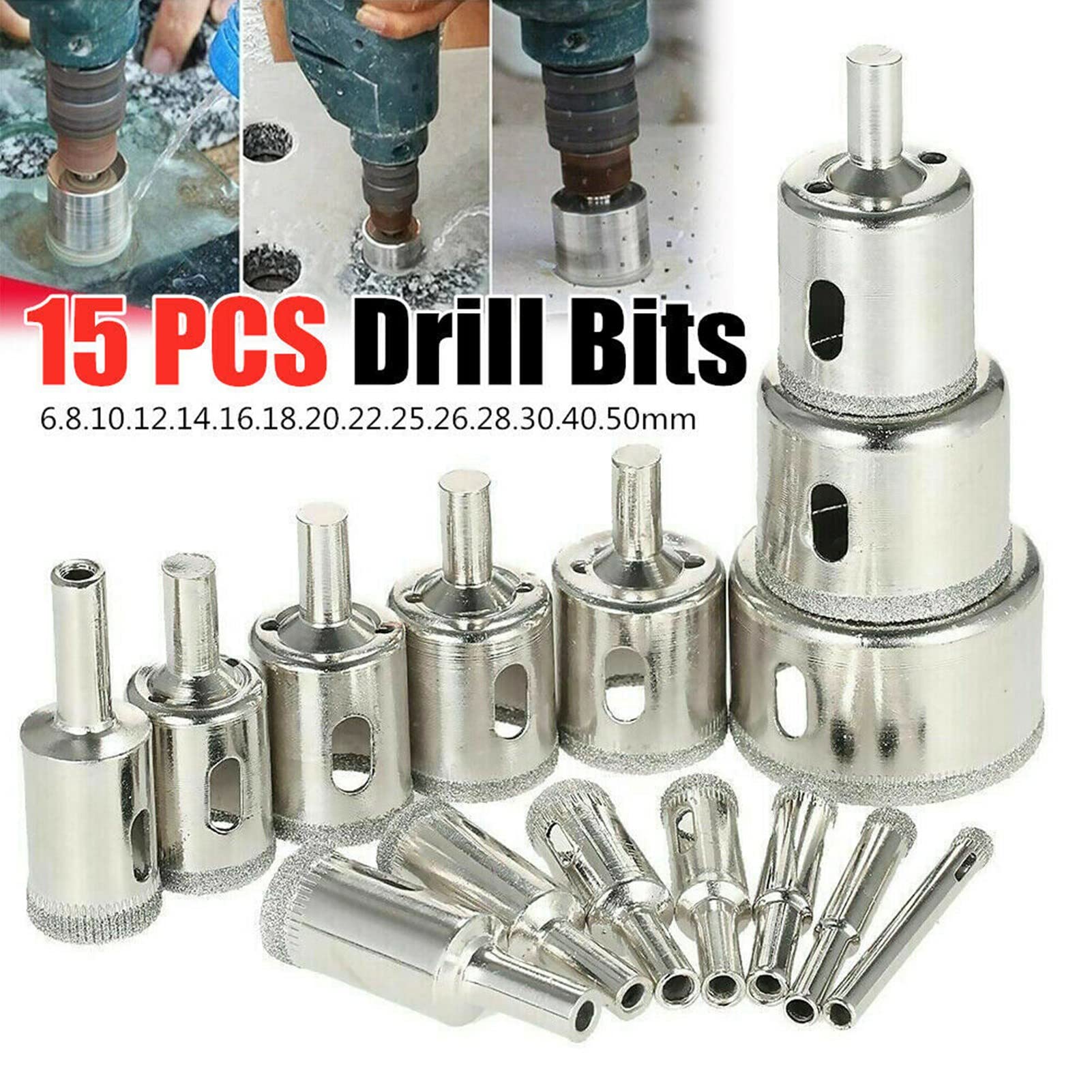 15Pcs Hole Saw Drill Bit Kit Robust Iron Plated Drill Bit Set for Glass Ceramic 6?50mm