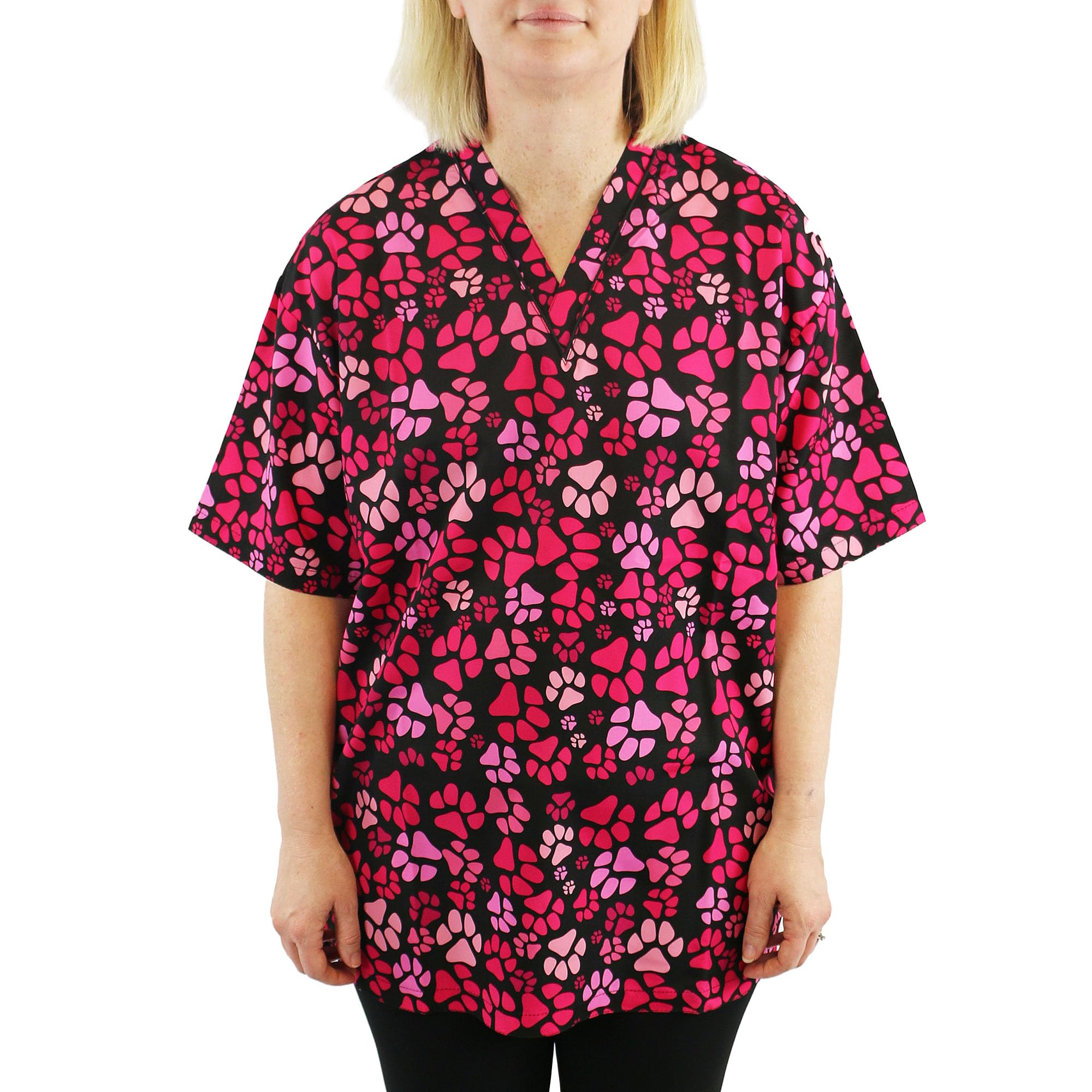 Groomers V-Neck Tunic Pink Paw Print - XXL Size: XX Large