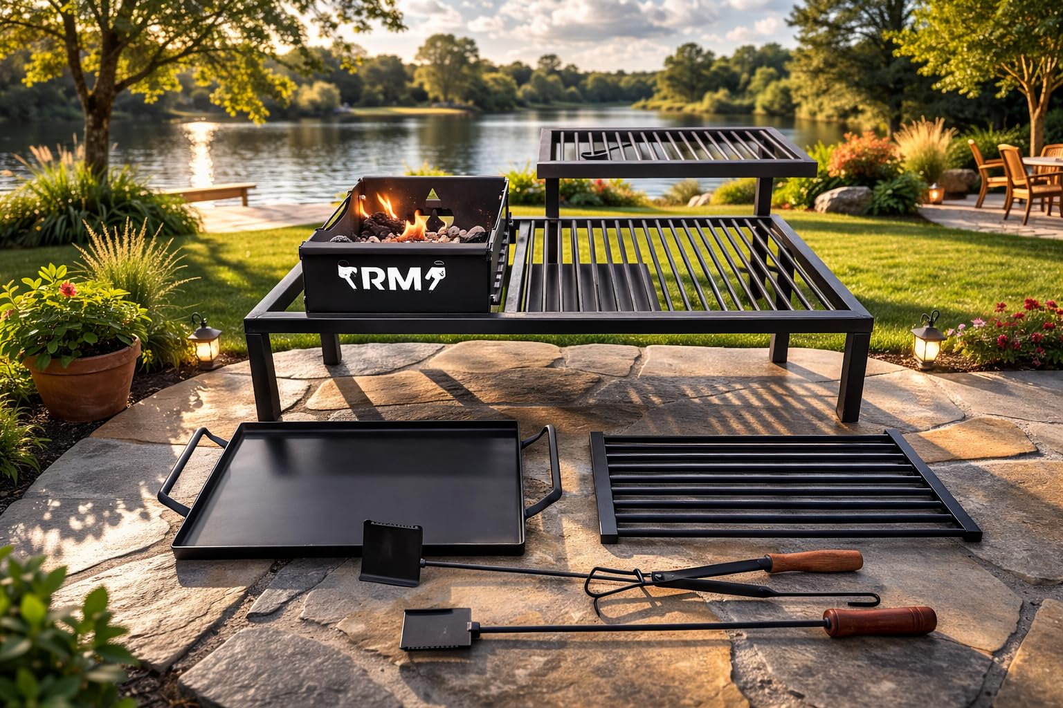 Griglia argentina di lusso con moduli in ferro rimovibili, griglia argentina in ferro, barbecue Parrilla Asado + braciere + strumenti per il fuoco - Dimensioni 61 x 40,6 cm
