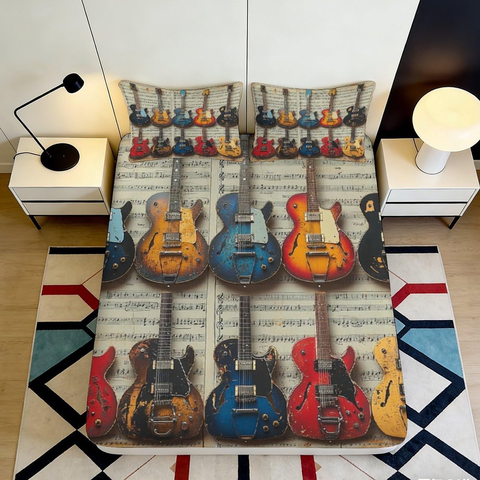 3D Printed Vintage Guitar Fitted Sheet Microfiber Soft Breathable Music Sheet Bed Cover for Bedroom Dormitory Guest Room Mattress Protection 200x200x25cm