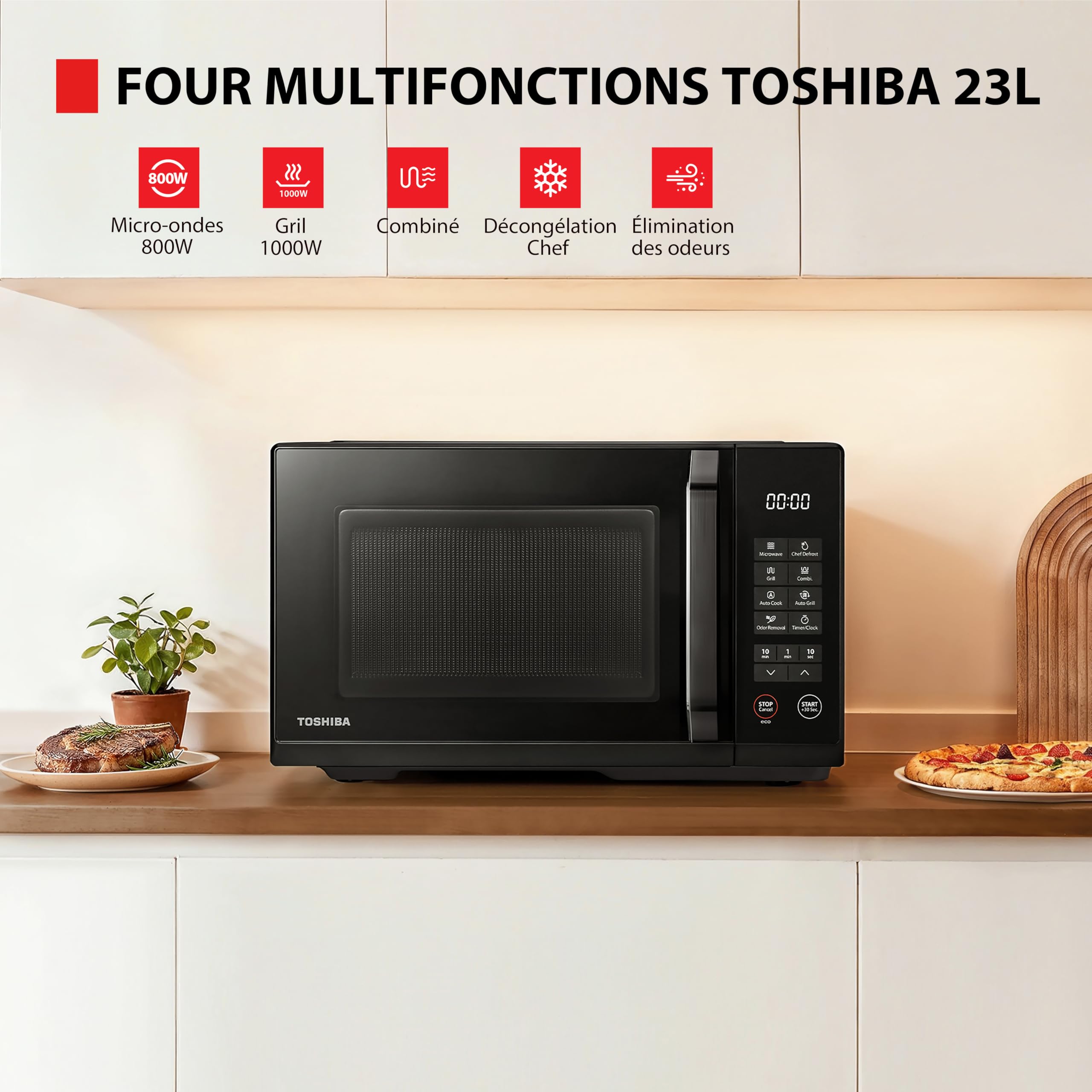Toshiba Four micro-ondes Posable MW3-EG23PE(BK) avec grill, 23 L, 800 W, grill 1000 W,10 niveaux de puissance, fonction Chef Defrost, menu automatique, facile à nettoyer, noire