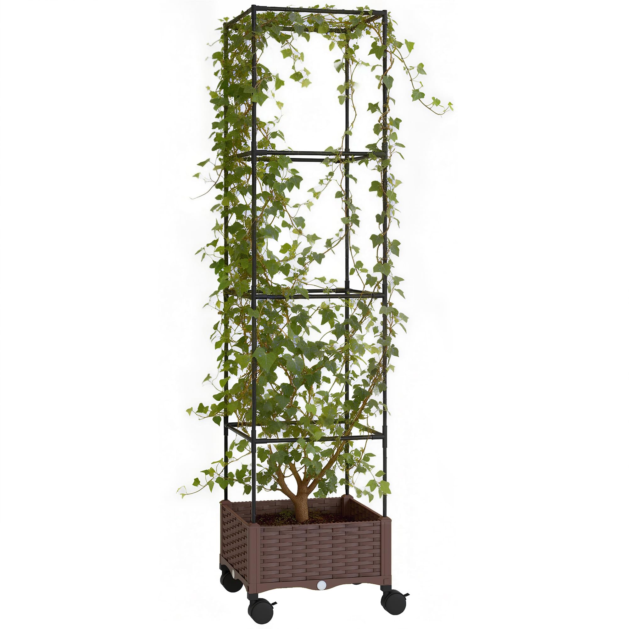 Outsunny Fioriera Rialzata con Traliccio 20L, Letto per Orto Rialzato da Esterno con Ruote Bloccabili, Sistema di Autoirrigazione, Fori di Drenaggio, per Piante Rampicanti, Verdure e Fiori, Marrone